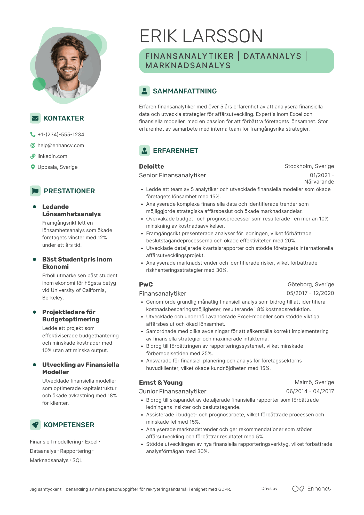 CV för Finansanalytiker inom företagssektorn Resume Example