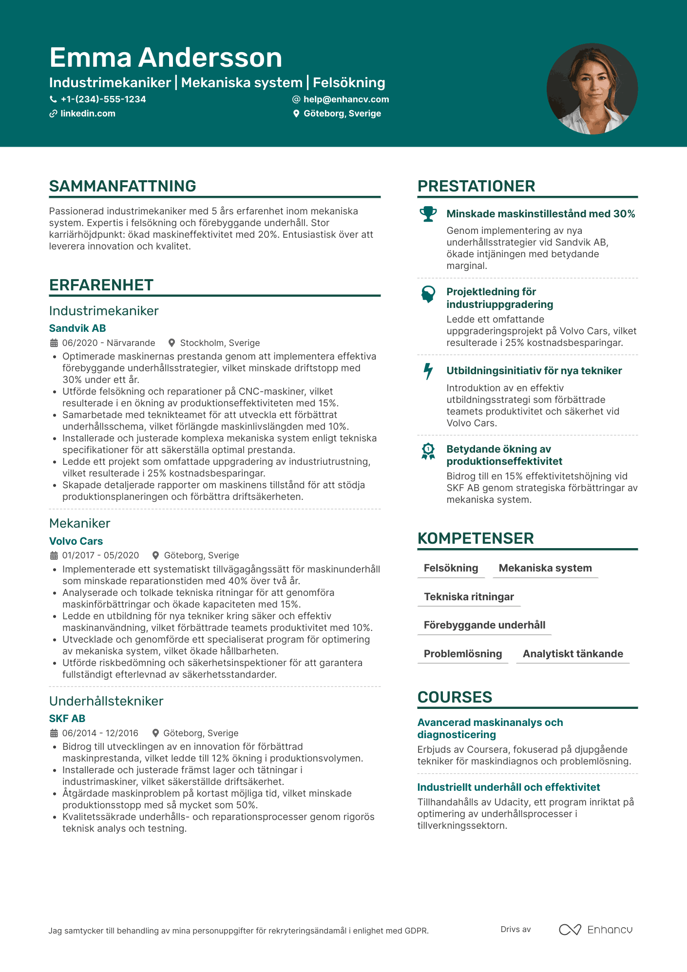 CV för Industrimekaniker Resume Example