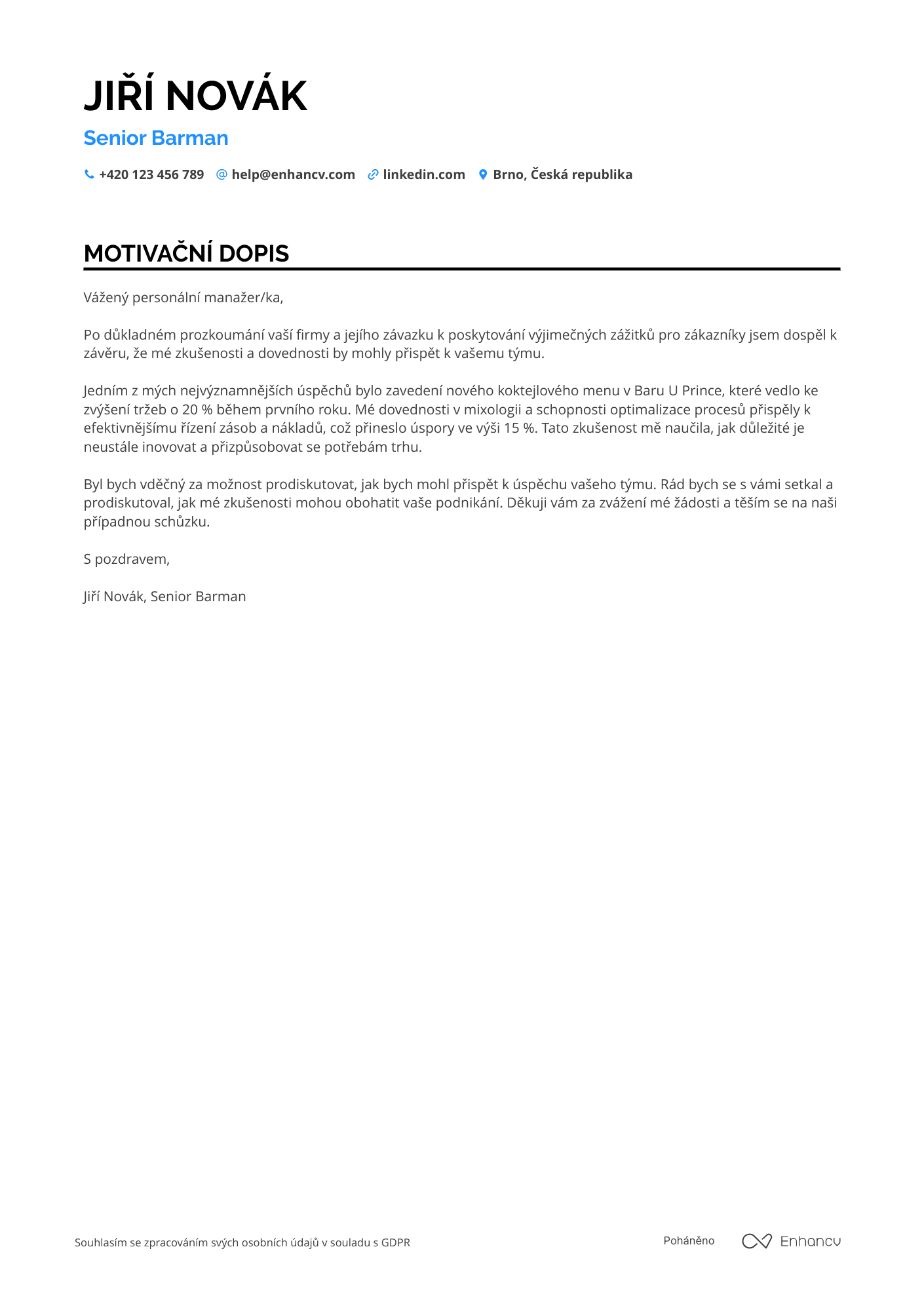 Motivační dopis pro Senior barman Resume Example