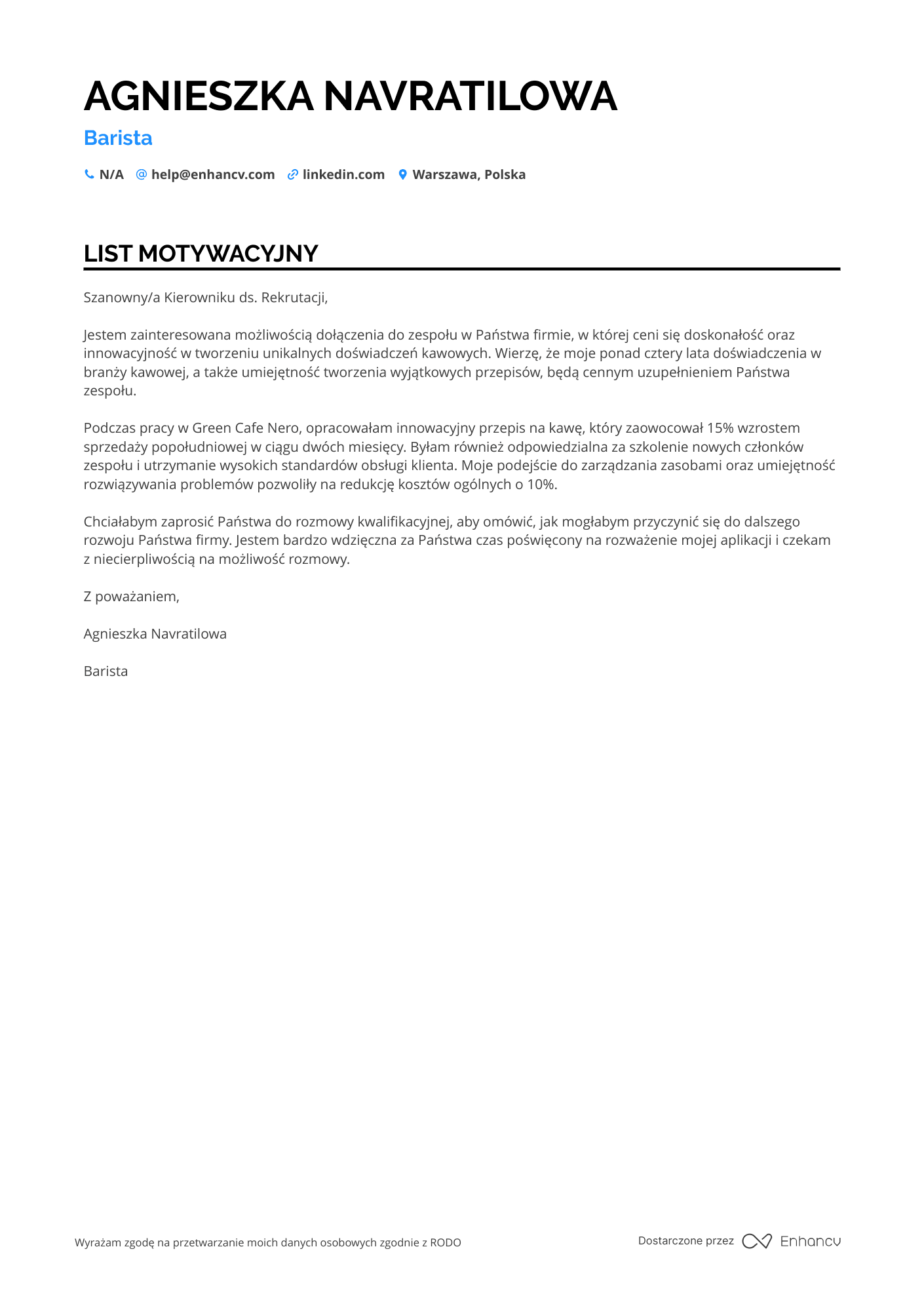 List motywacyjny dla Coffee Shop Barista Resume Example