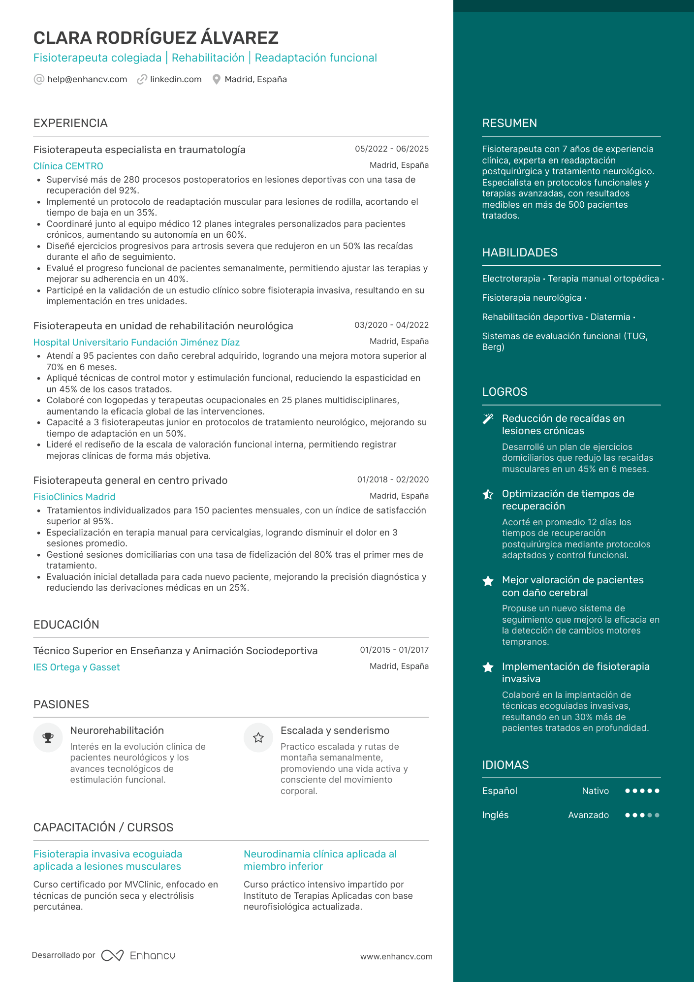 Fisioterapeuta con experiencia Resume Example