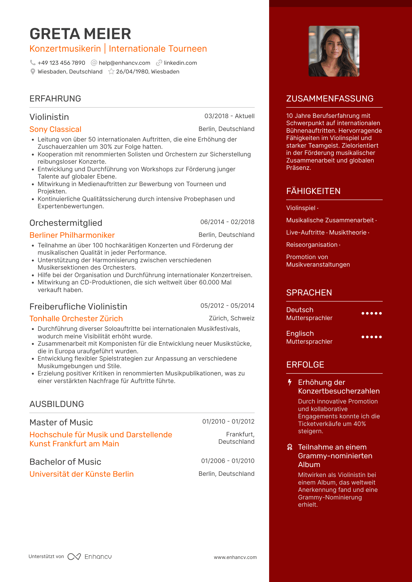 Lebenslauf in Musiker für Konzerttourneen Resume Example