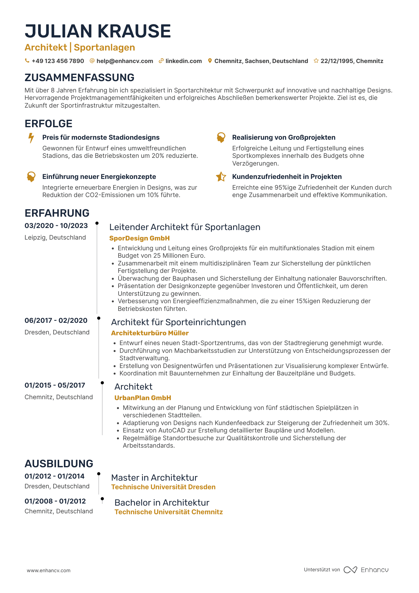 Lebenslauf in Architekt für Sportanlagen Resume Example