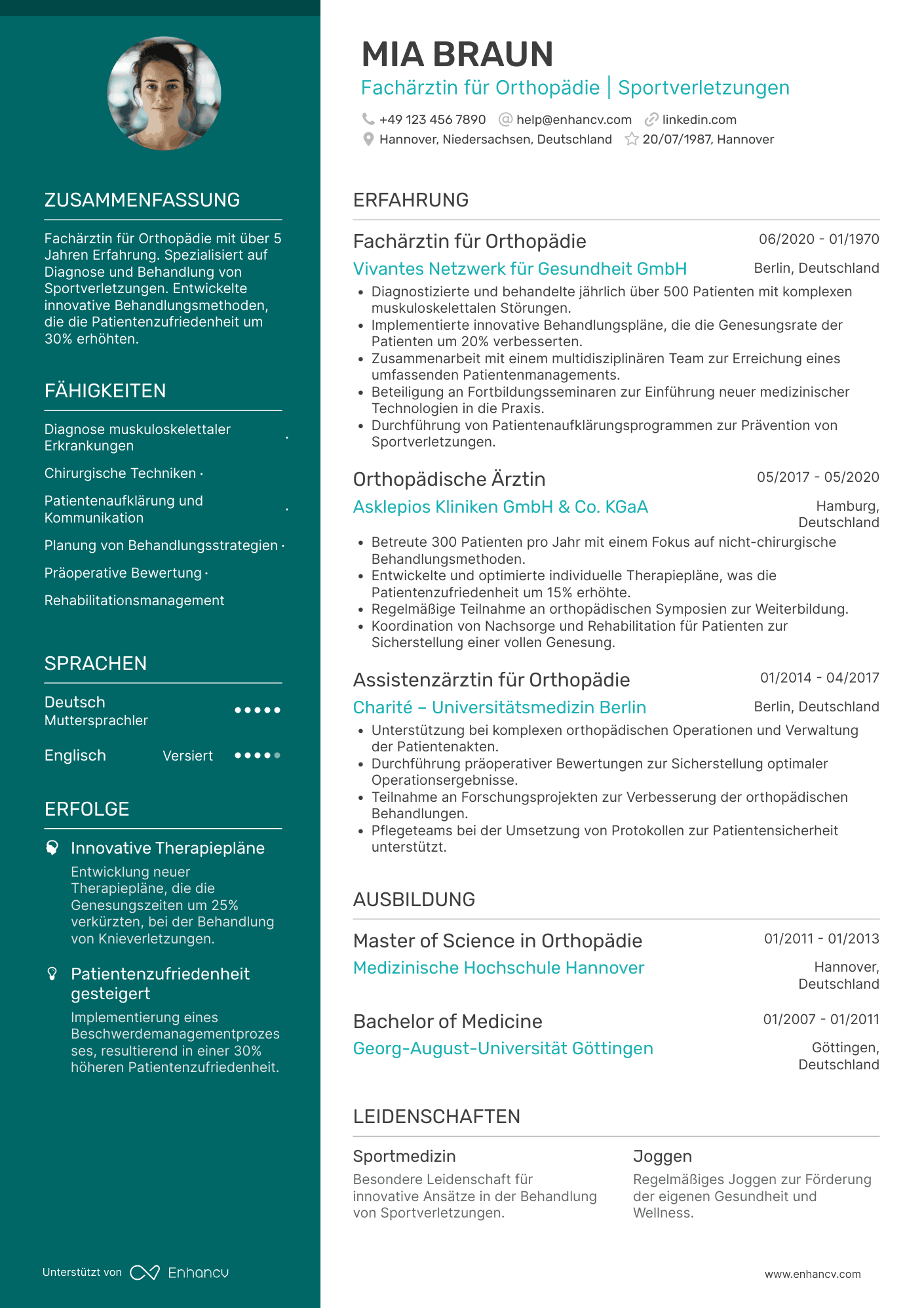 Lebenslauf als Arzt für Orthopädie Resume Example