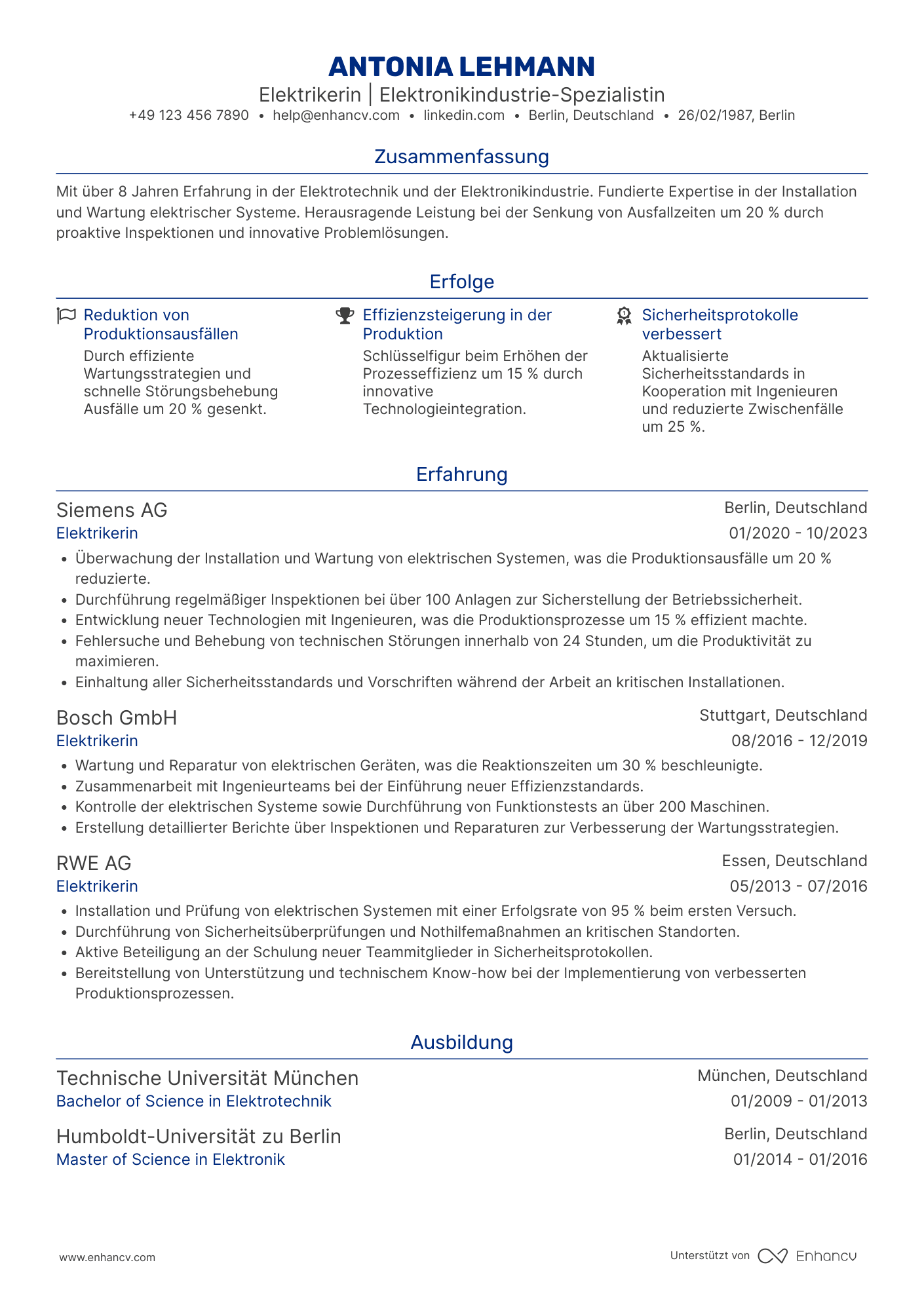 Lebenslauf in Elektriker in der Elektronikindustrie Resume Example