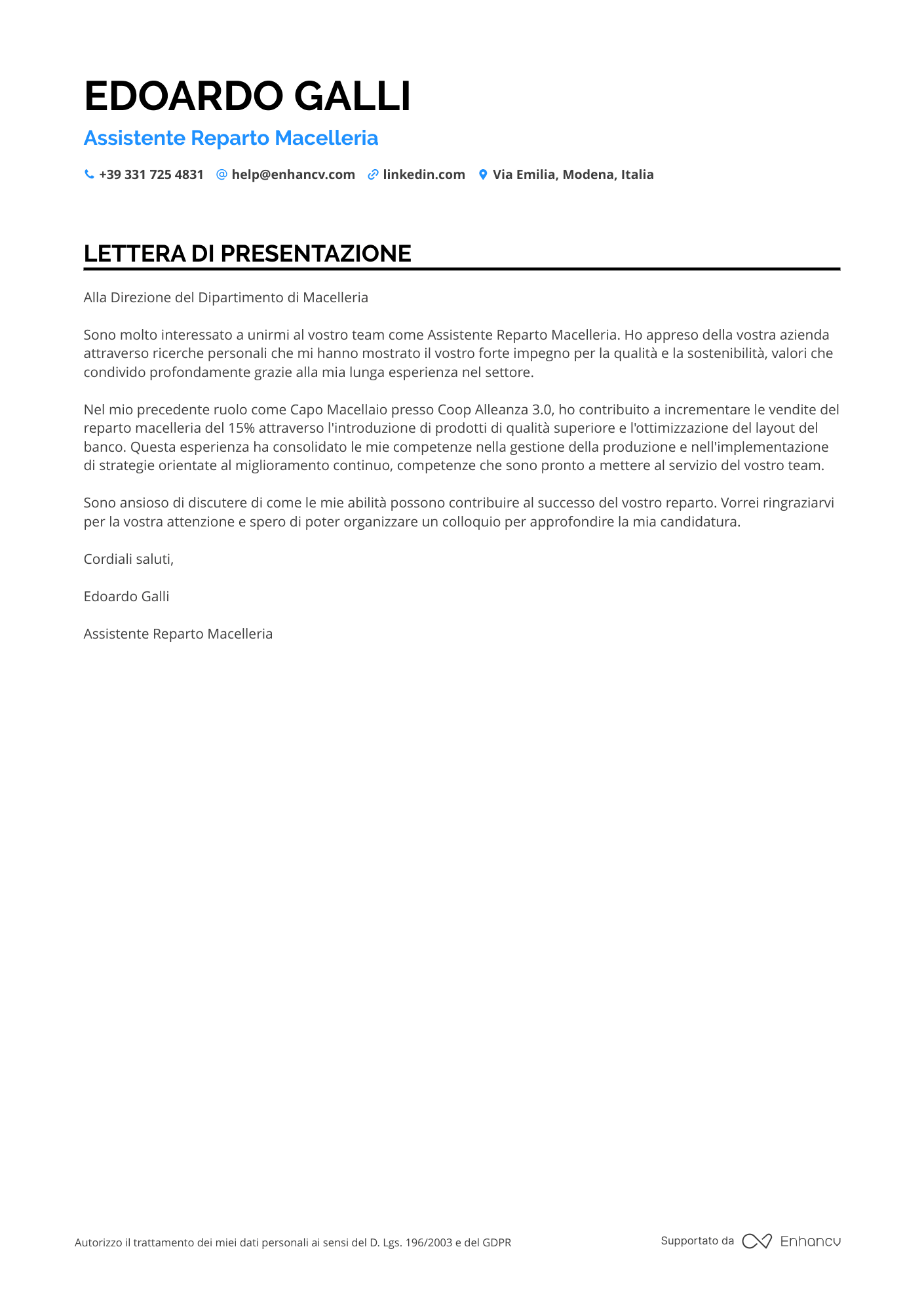 Addetto alla Frutteria Eurospin Resume Example