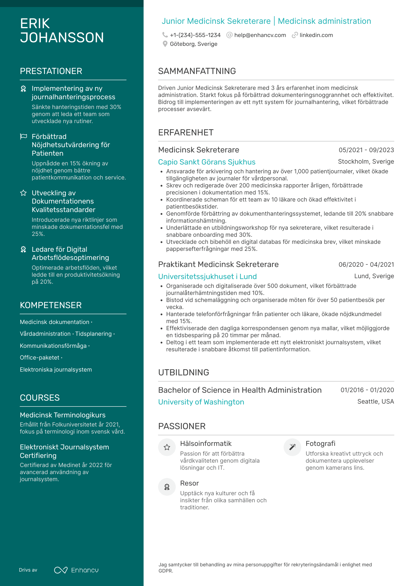CV för Junior Medicinsk Sekreterare Resume Example