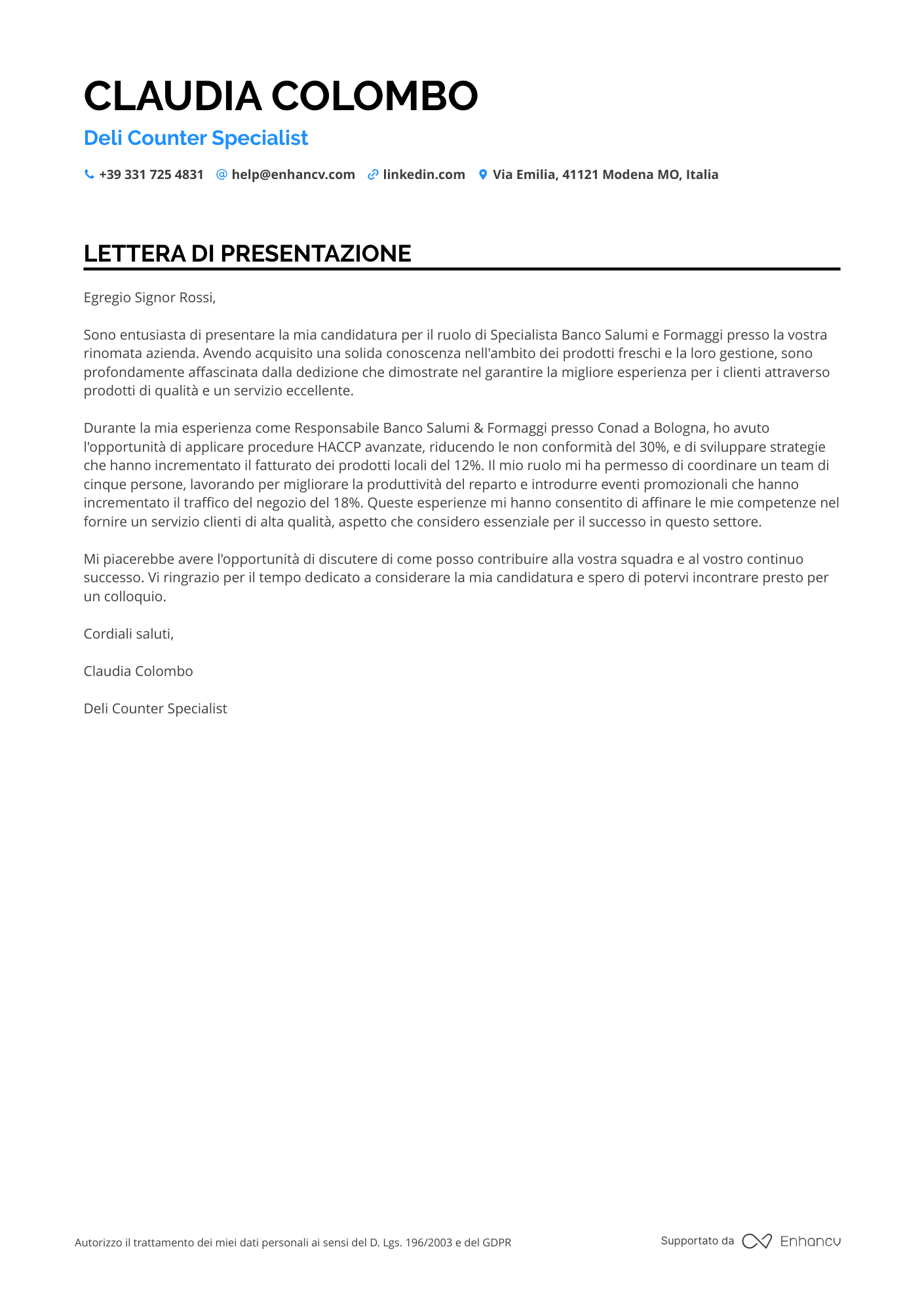 Addetto al Rifornimento Eurospin Resume Example