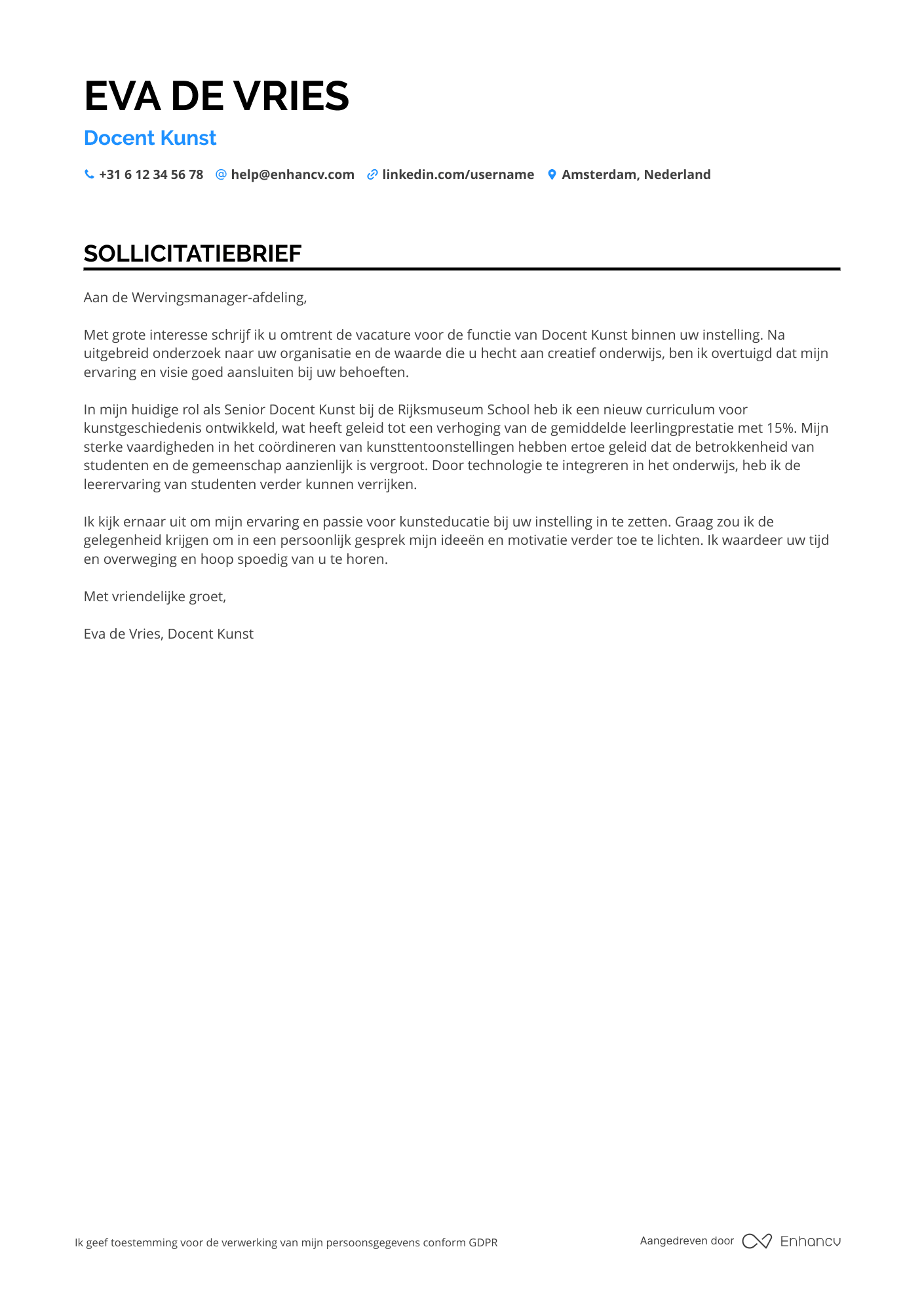 Sollicitatiebrief voor Docent Voortgezet Onderwijs Kunst Resume Example