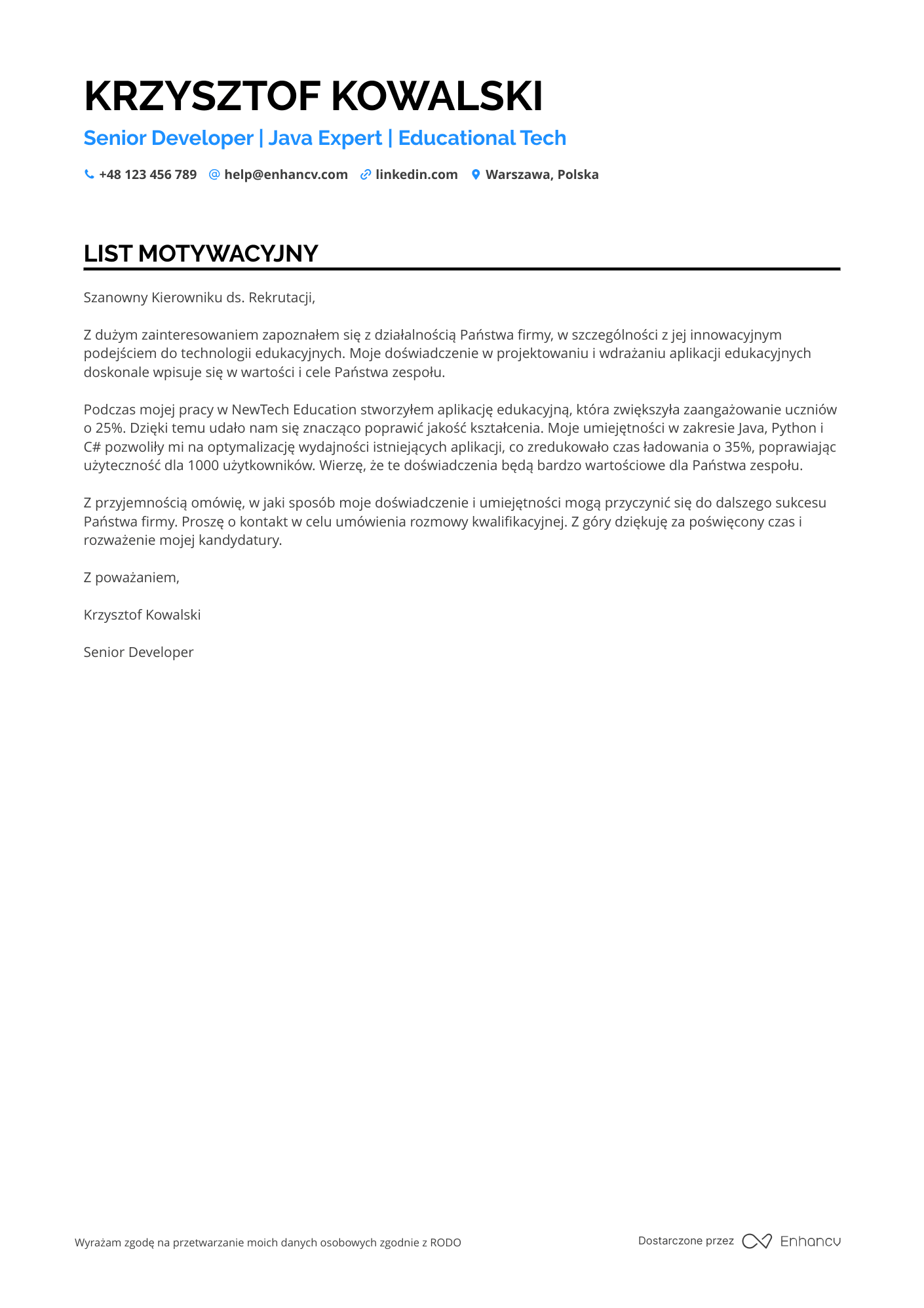 List motywacyjny dla Programista w Edukacji Resume Example