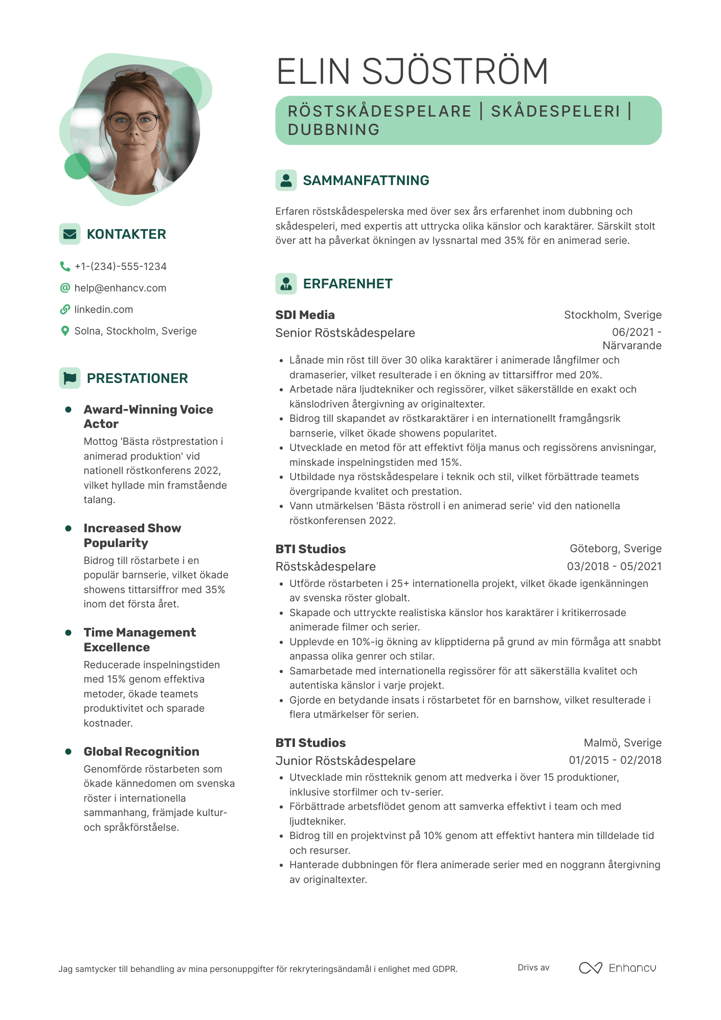 CV för Röstskådespelare för dubbning Resume Example