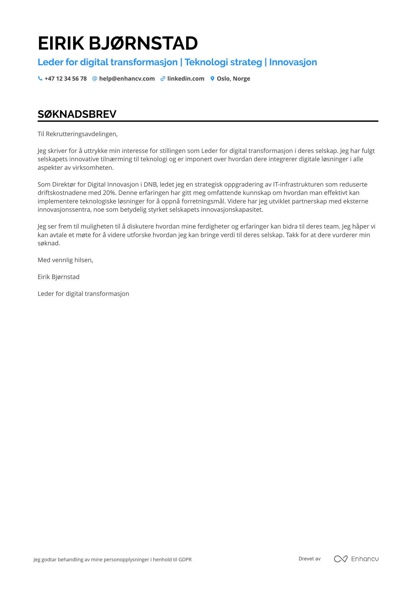 Søknadsbrev for Leder for digital transformasjon og innovasjon Resume Example
