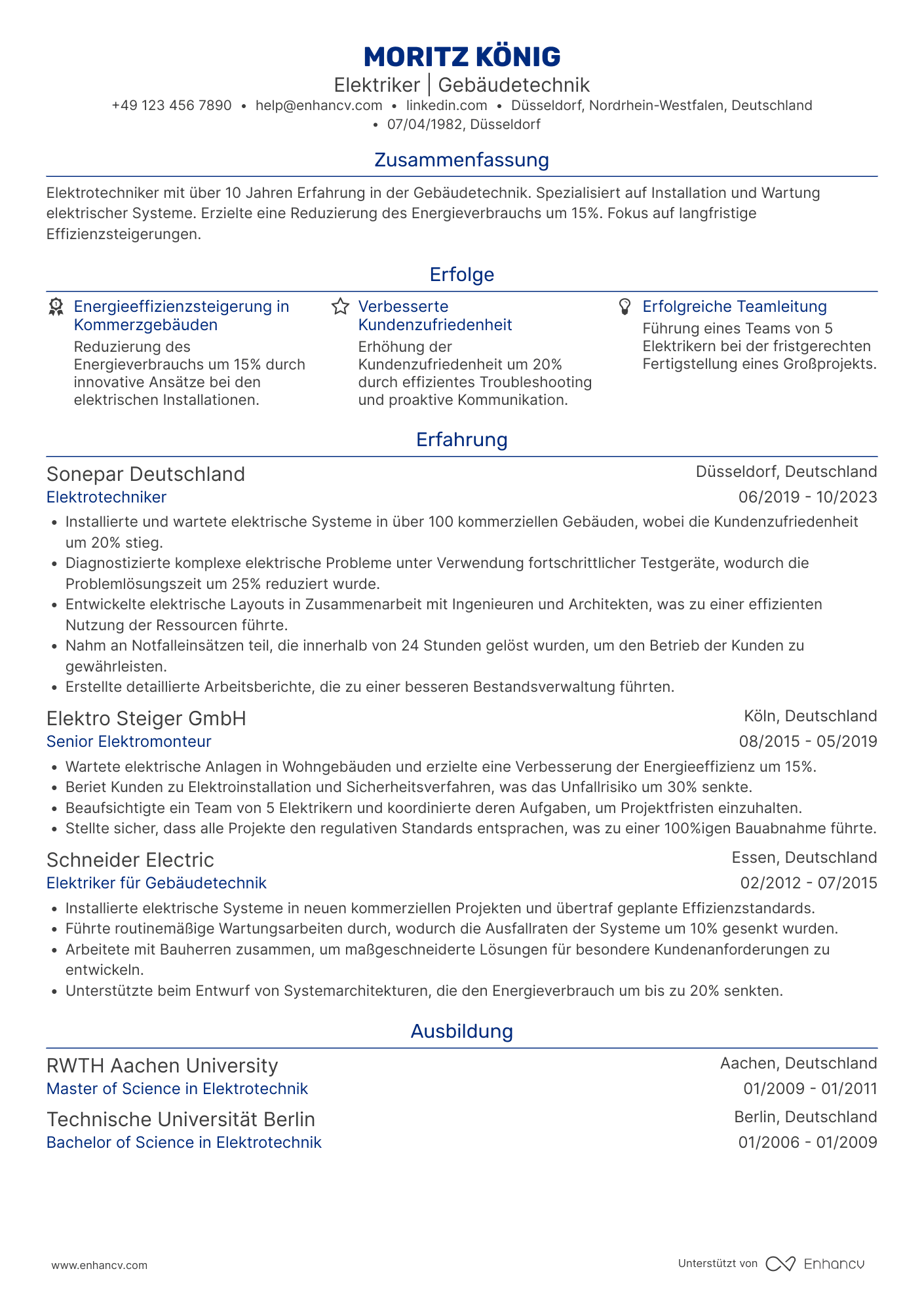 Lebenslauf als Elektriker für Gebäudetechnik Resume Example