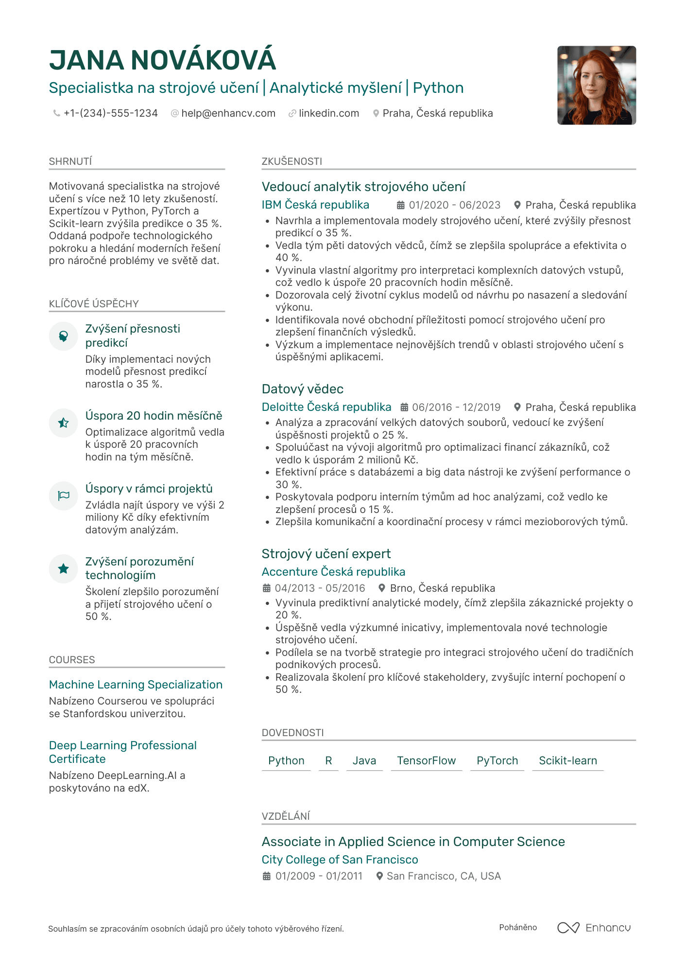 Životopis pro Specialista na strojové učení Resume Example