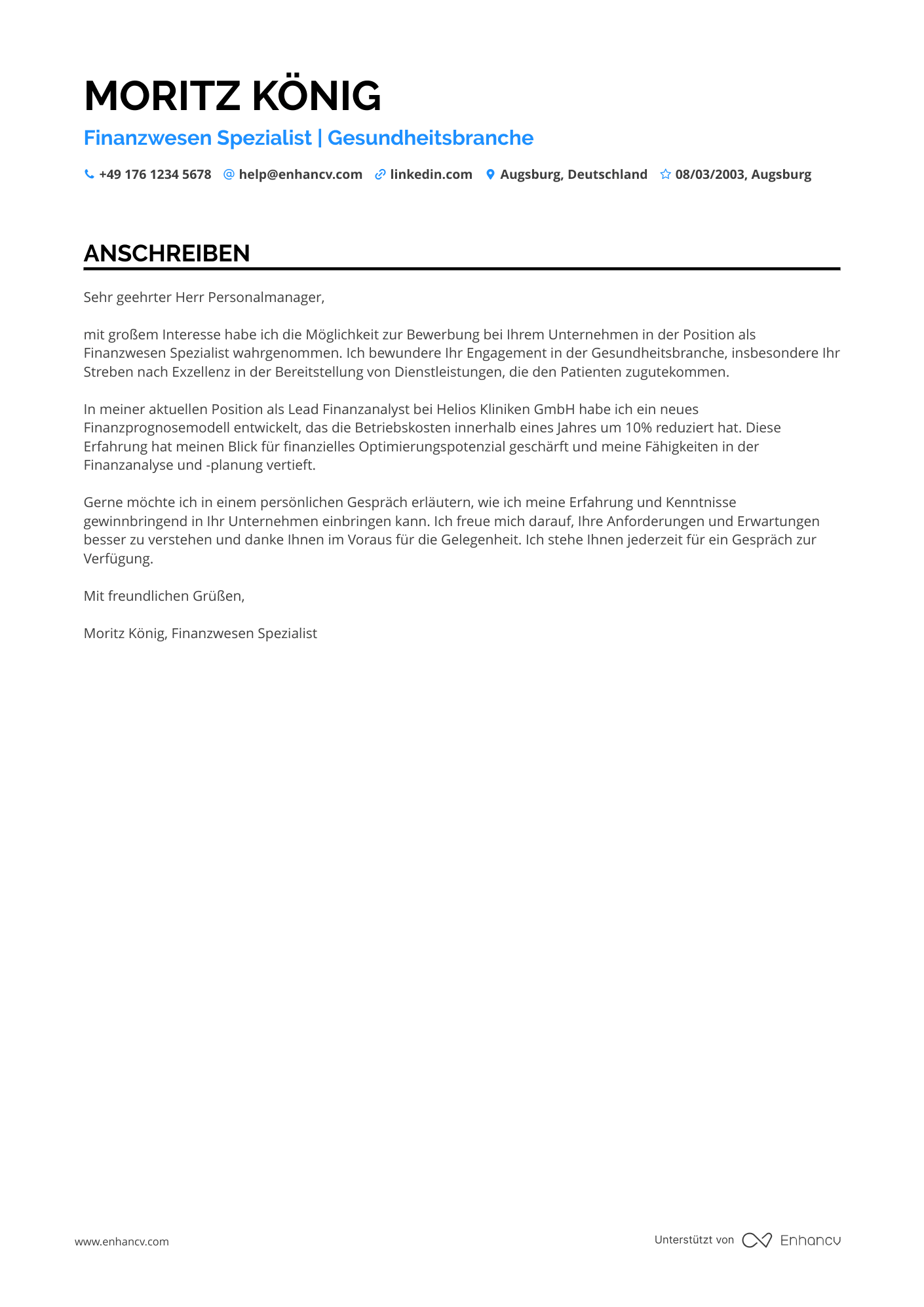 Finanzwesen in der Gesundheitsbranche Resume Example