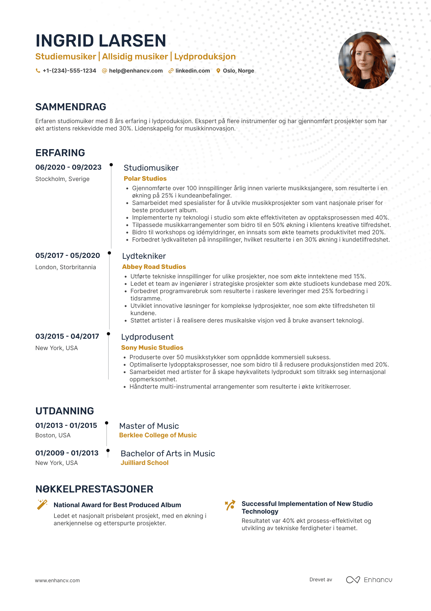 CV for Studiomusiker Resume Example