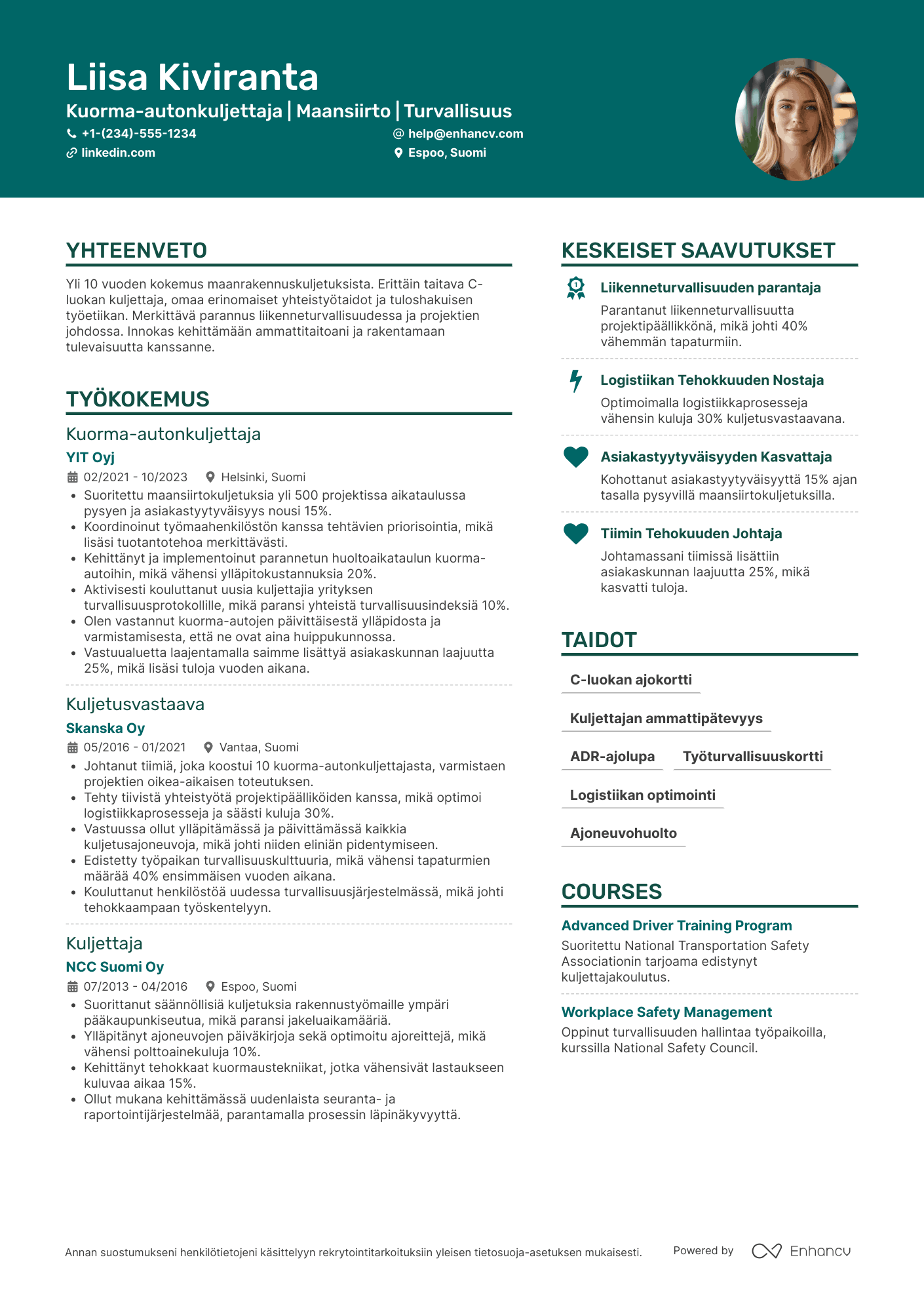 Ansioluettelo Kuorma autonkuljettaja maansiirrossa Resume Example