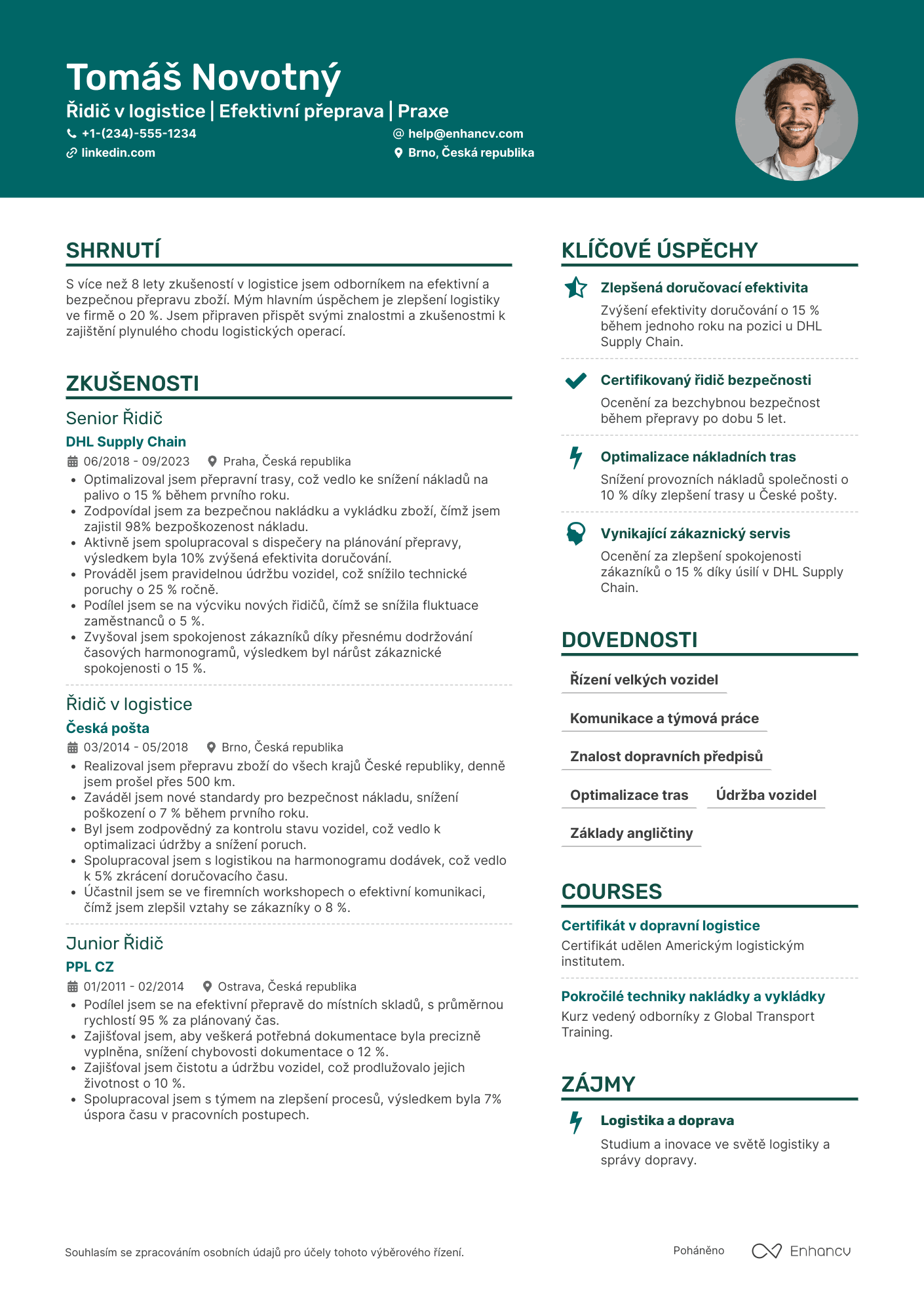 Životopis pro Řidič v logistice Resume Example