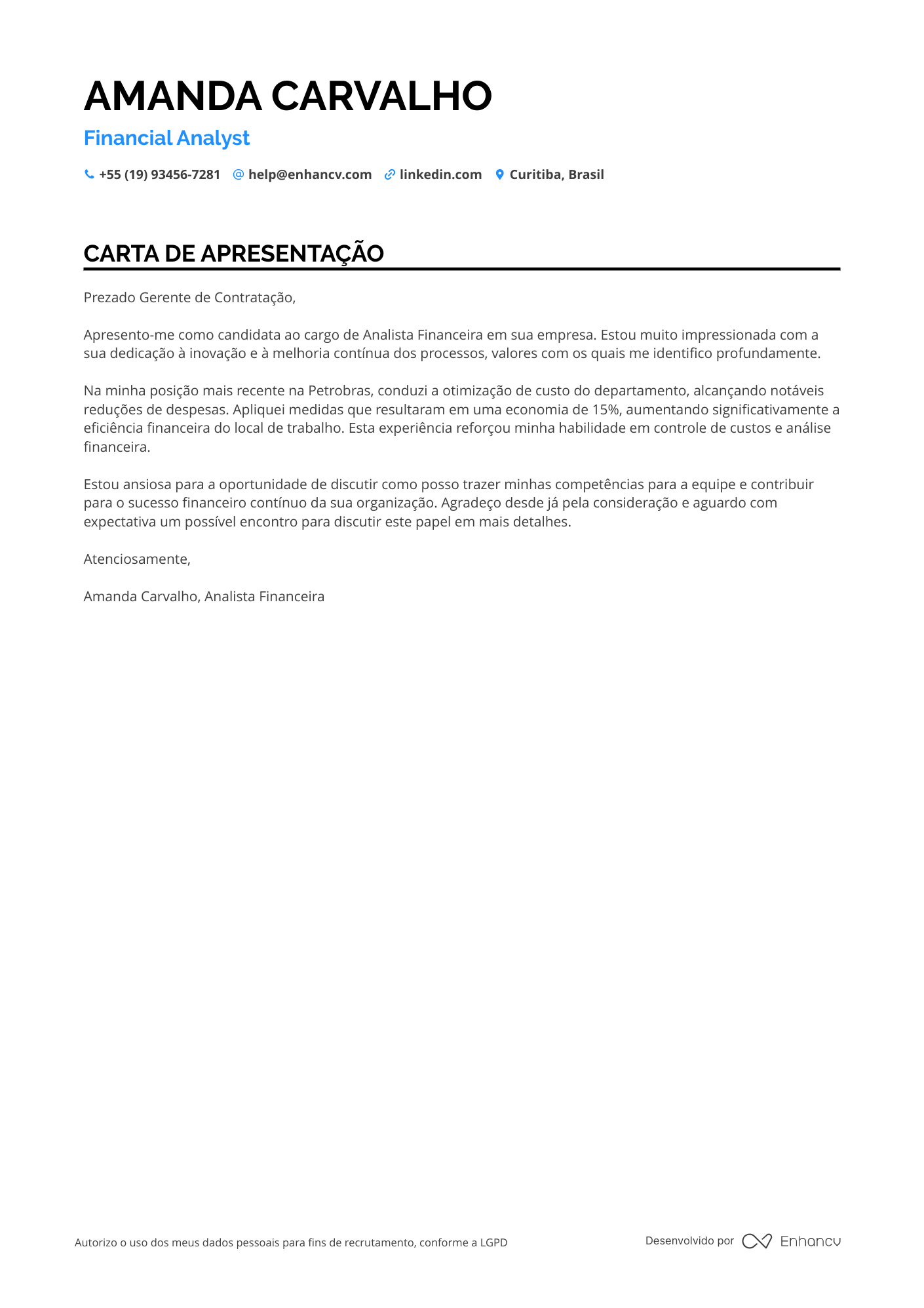 Assistente de RH em Finanças Resume Example
