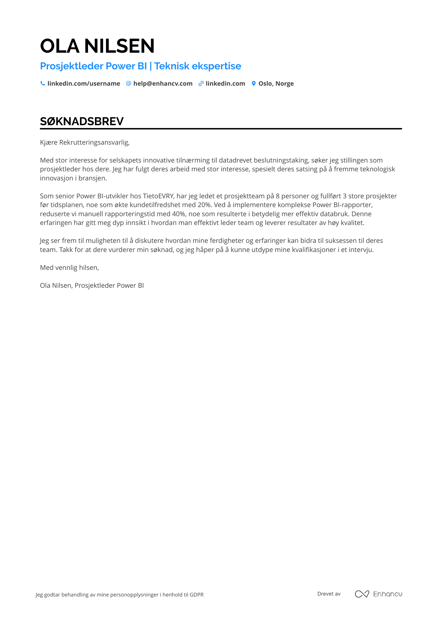 Søknadsbrev for Project Manager Power BI‑utvikler Resume Example