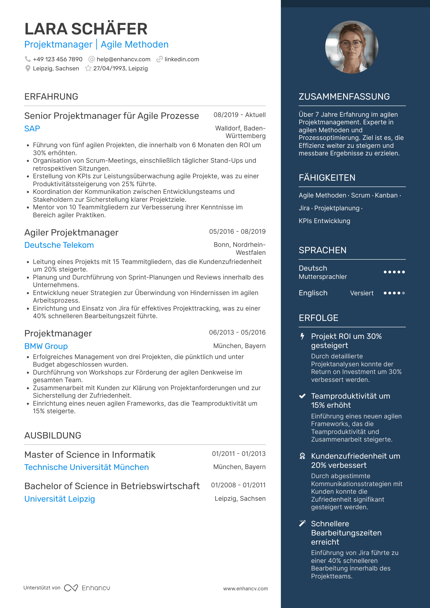 Lebenslauf als Projektmanager für agile Methoden Resume Example
