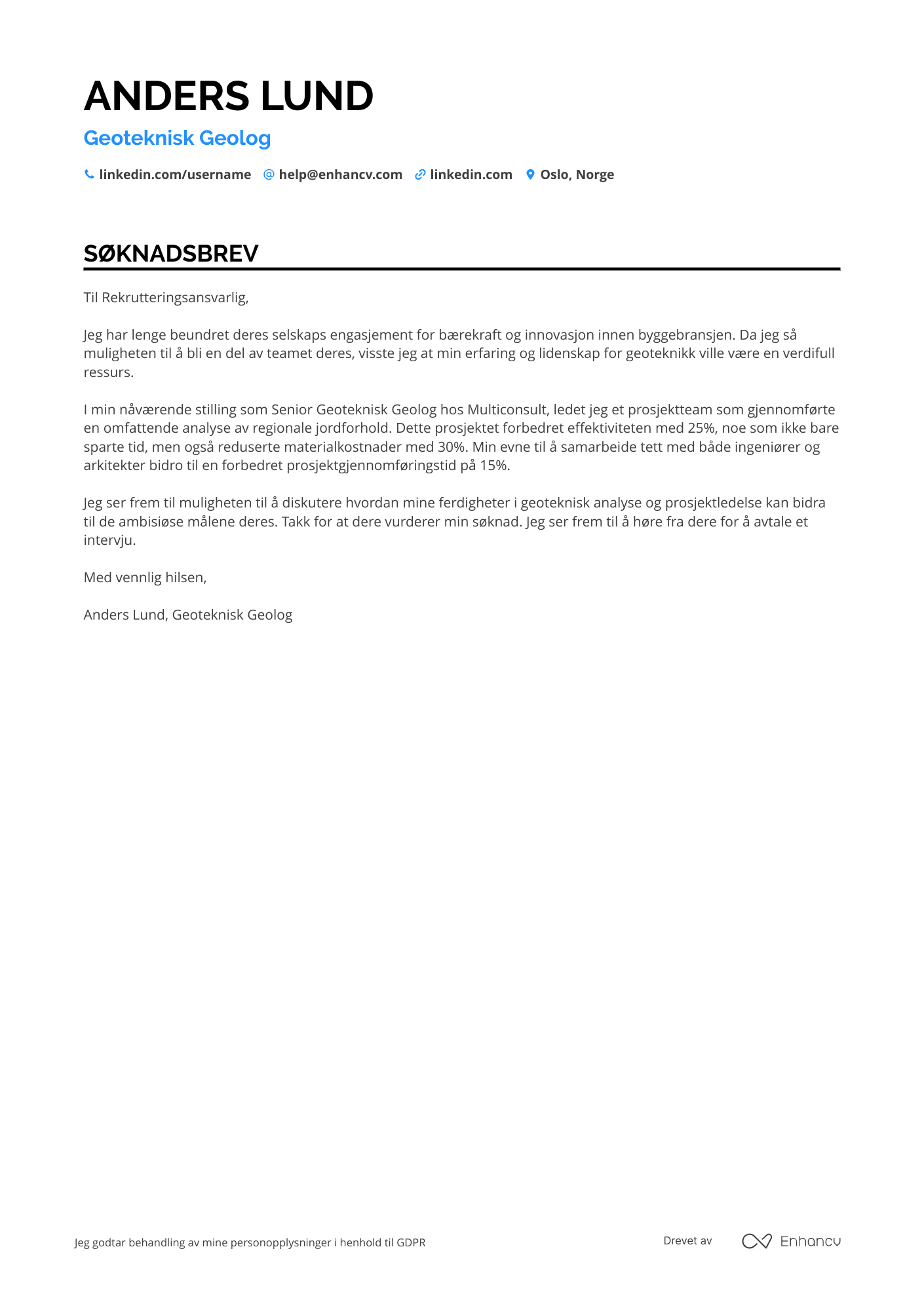 Søknadsbrev for Geoteknisk geolog Resume Example