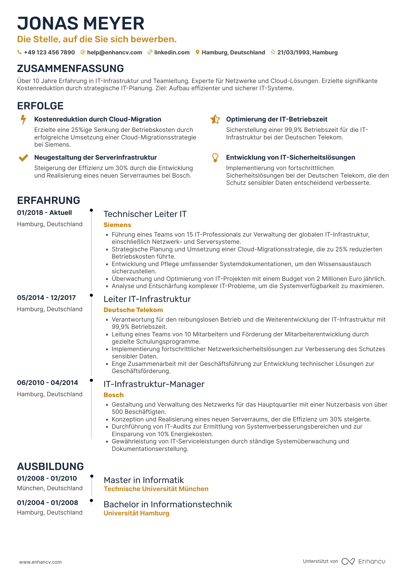 Lebenslauf als Technischer Leiter für IT Infrastruktur Resume Example