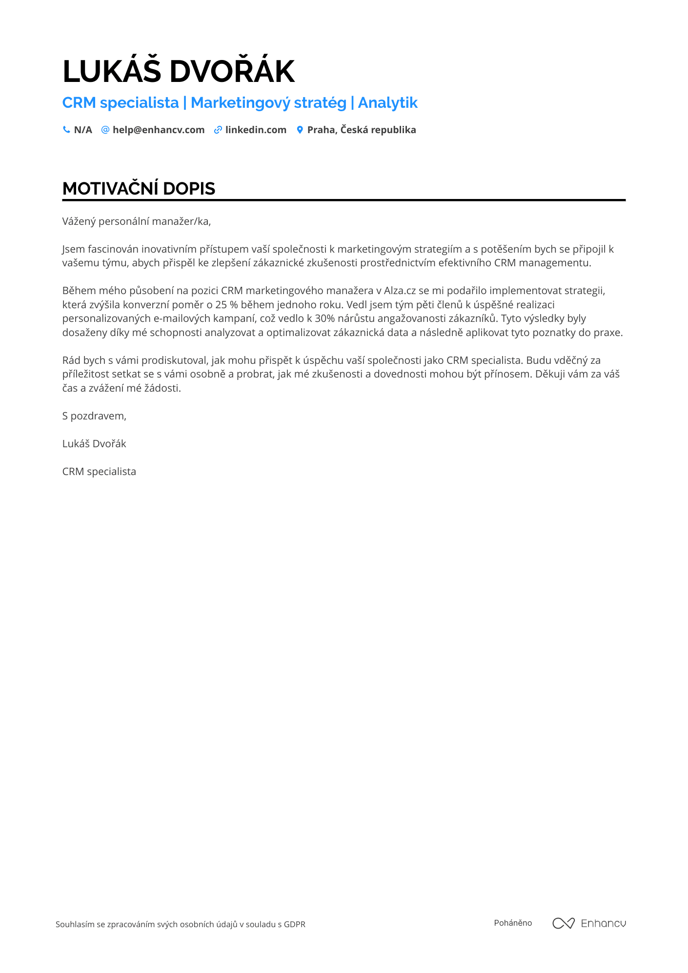 Motivační dopis pro CRM specialista marketingu Resume Example