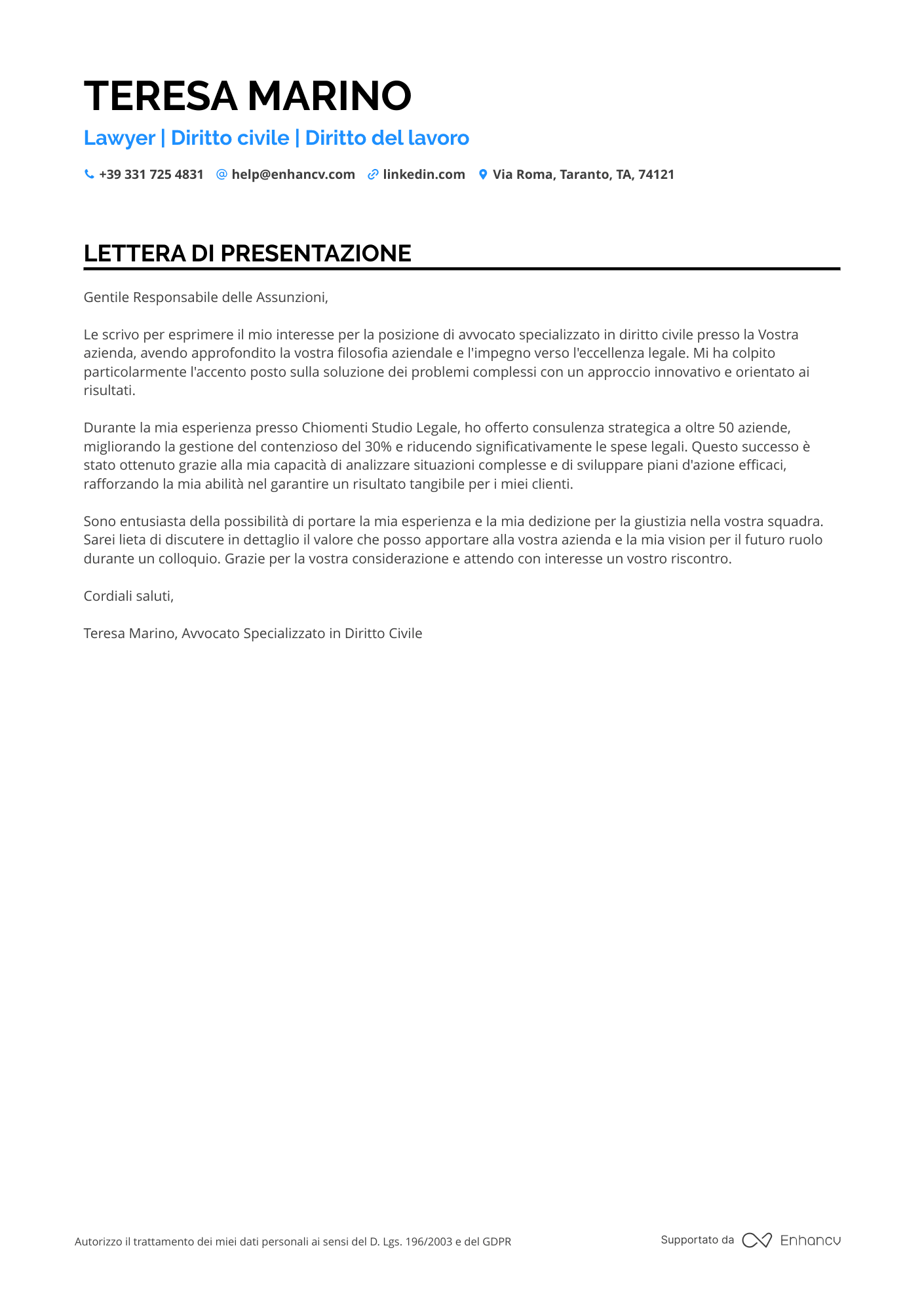 Avvocato Civile Resume Example
