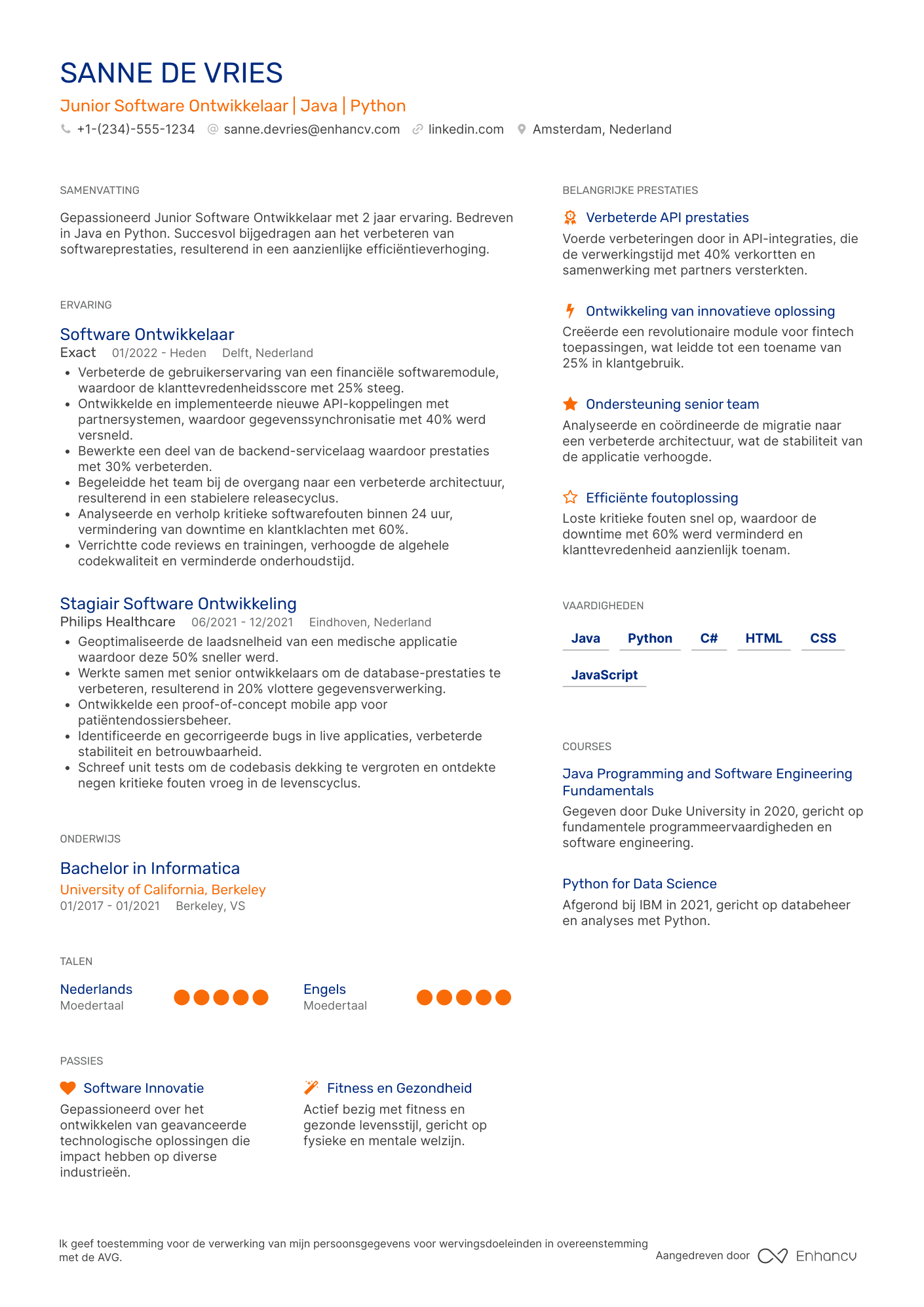 CV voor Junior Software Ontwikkelaar Resume Example