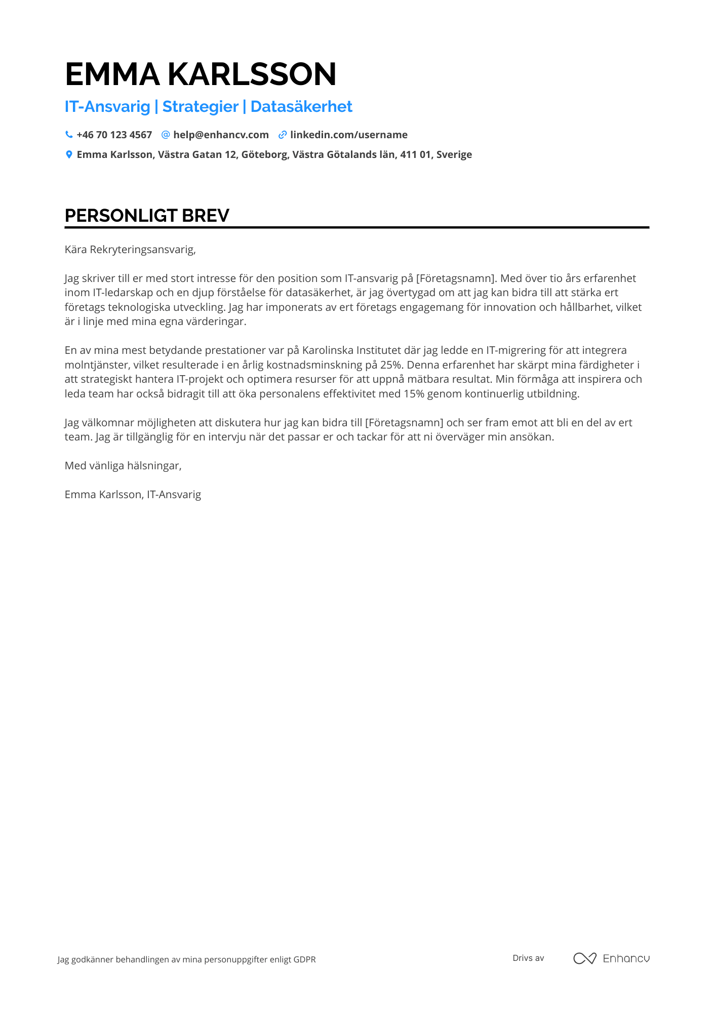 Personligt brev för IT Ansvarig Hälsovård Resume Example