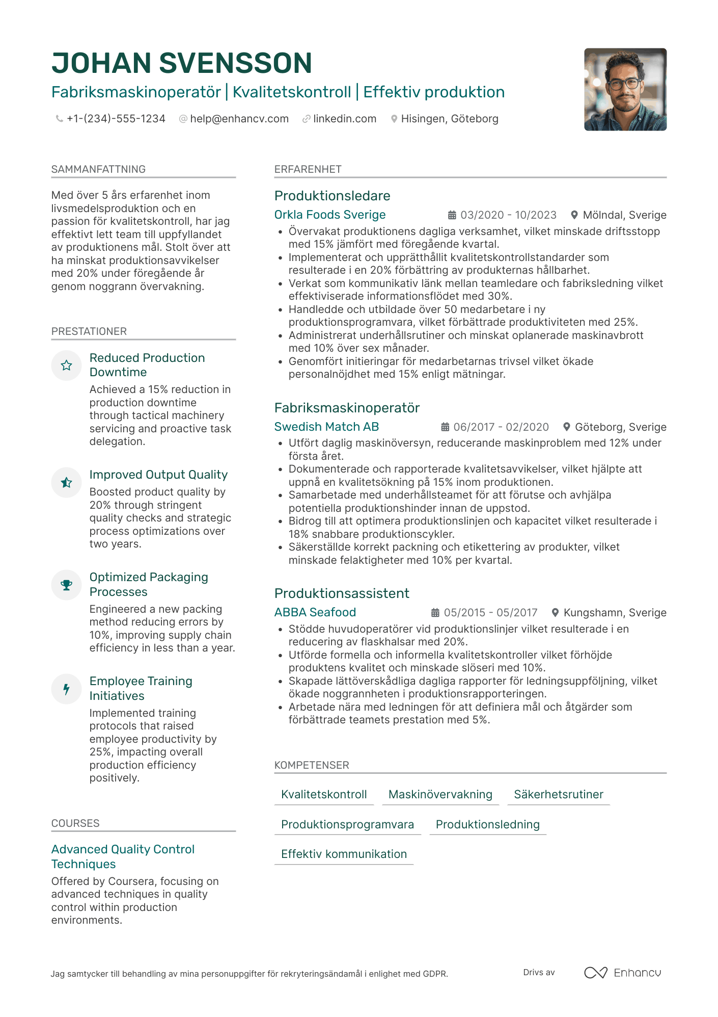 CV för Fabriksarbetare Livsmedel Resume Example