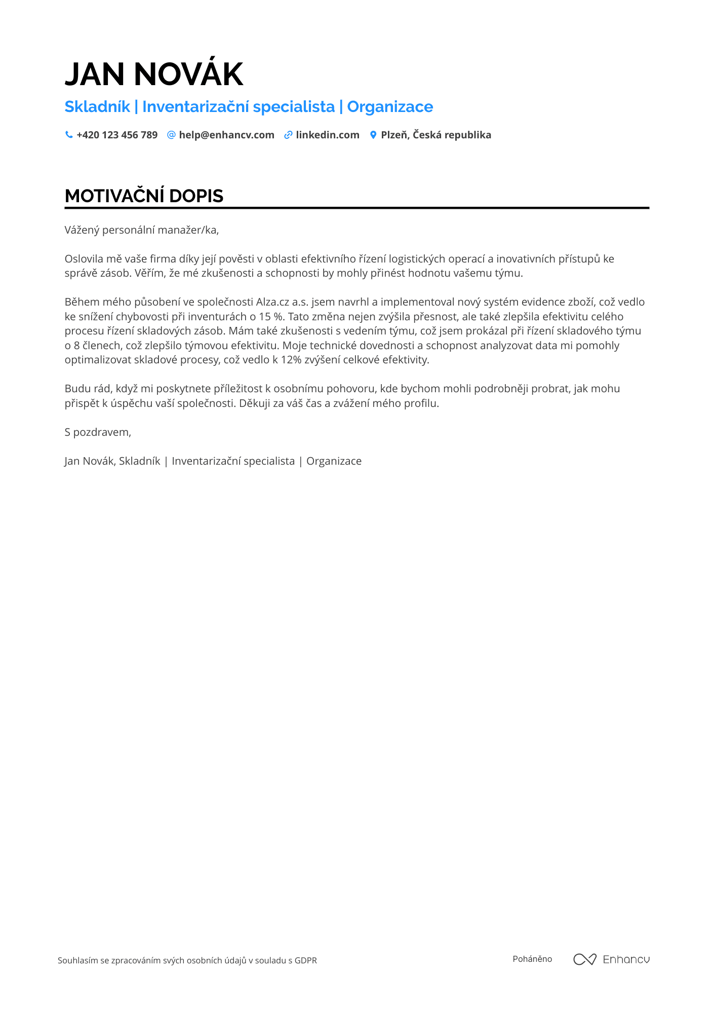 Motivační dopis pro Skladník Odpovědný za Inventář Resume Example