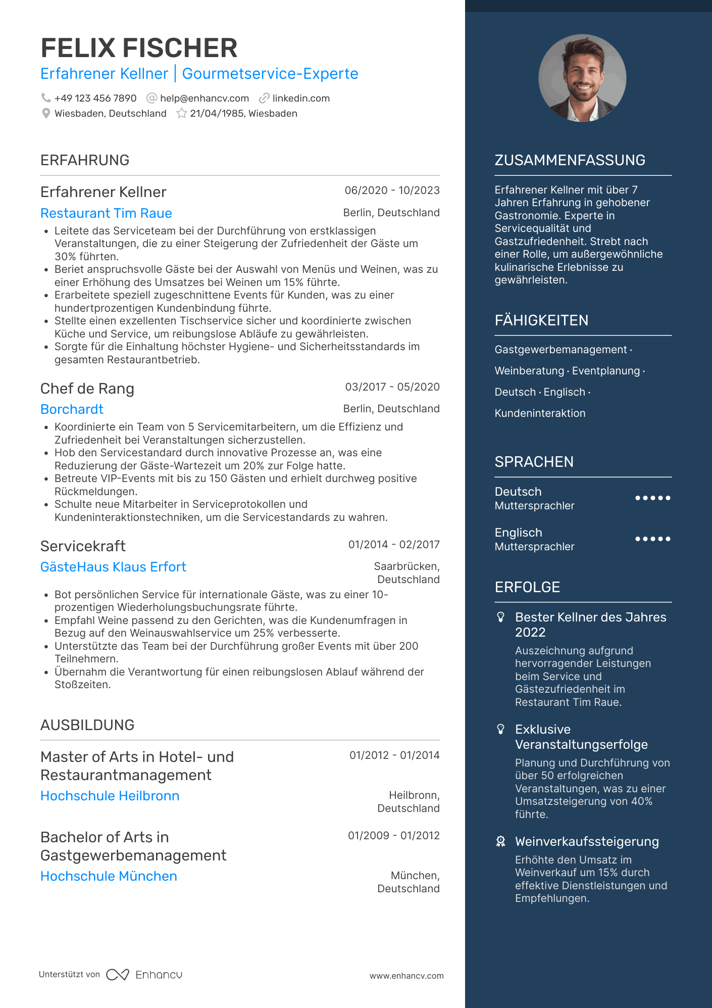 Lebenslauf als Erfahrener Kellner Resume Example