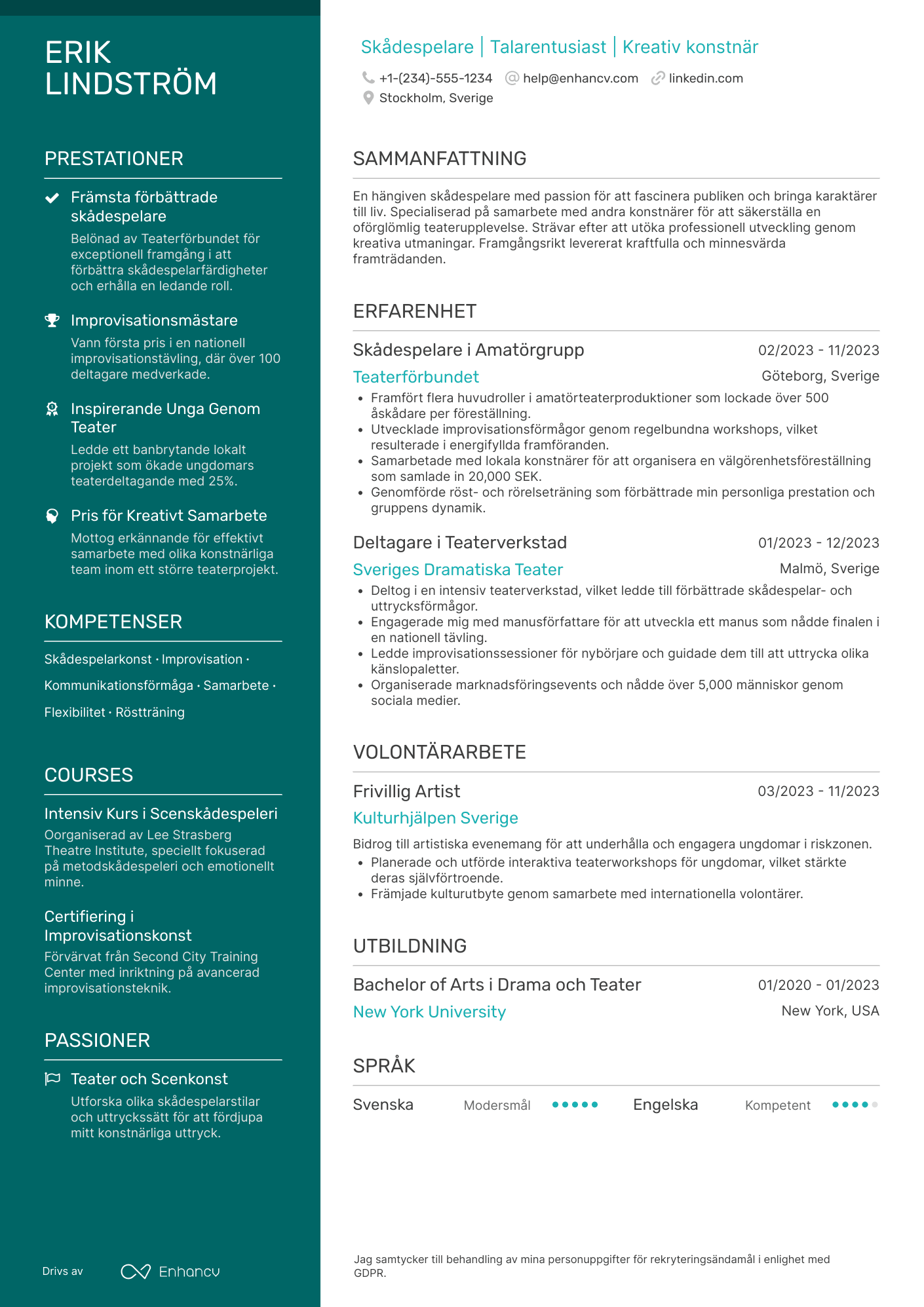 CV för Rampens skådespelare Resume Example