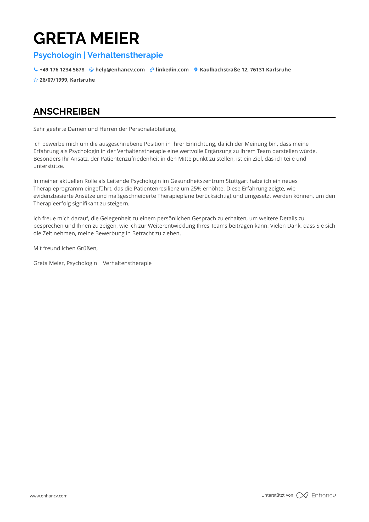 Psychologe mit Schwerpunkt Verhaltenstherapie Resume Example