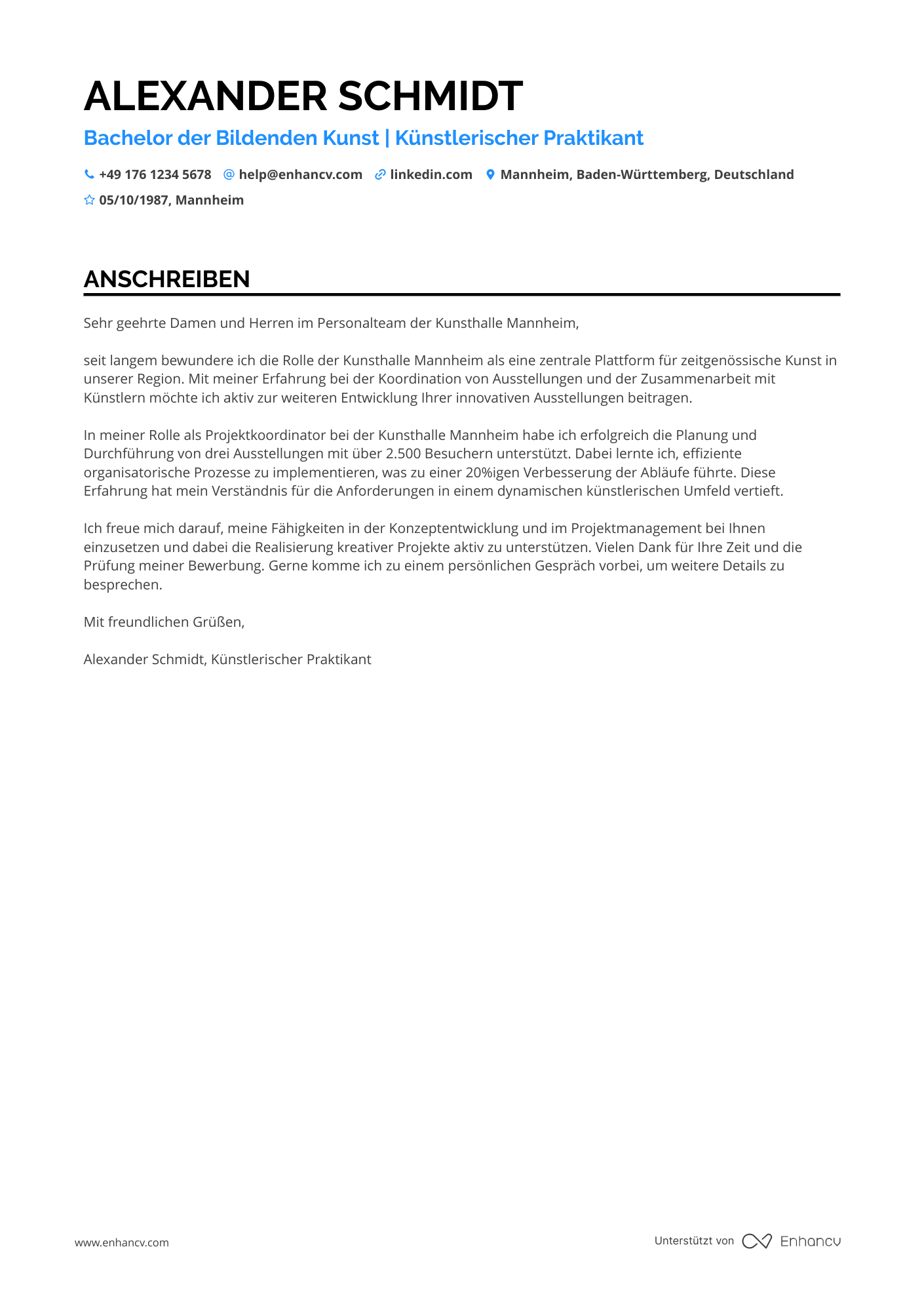 Künstlerischer Praktikant Resume Example