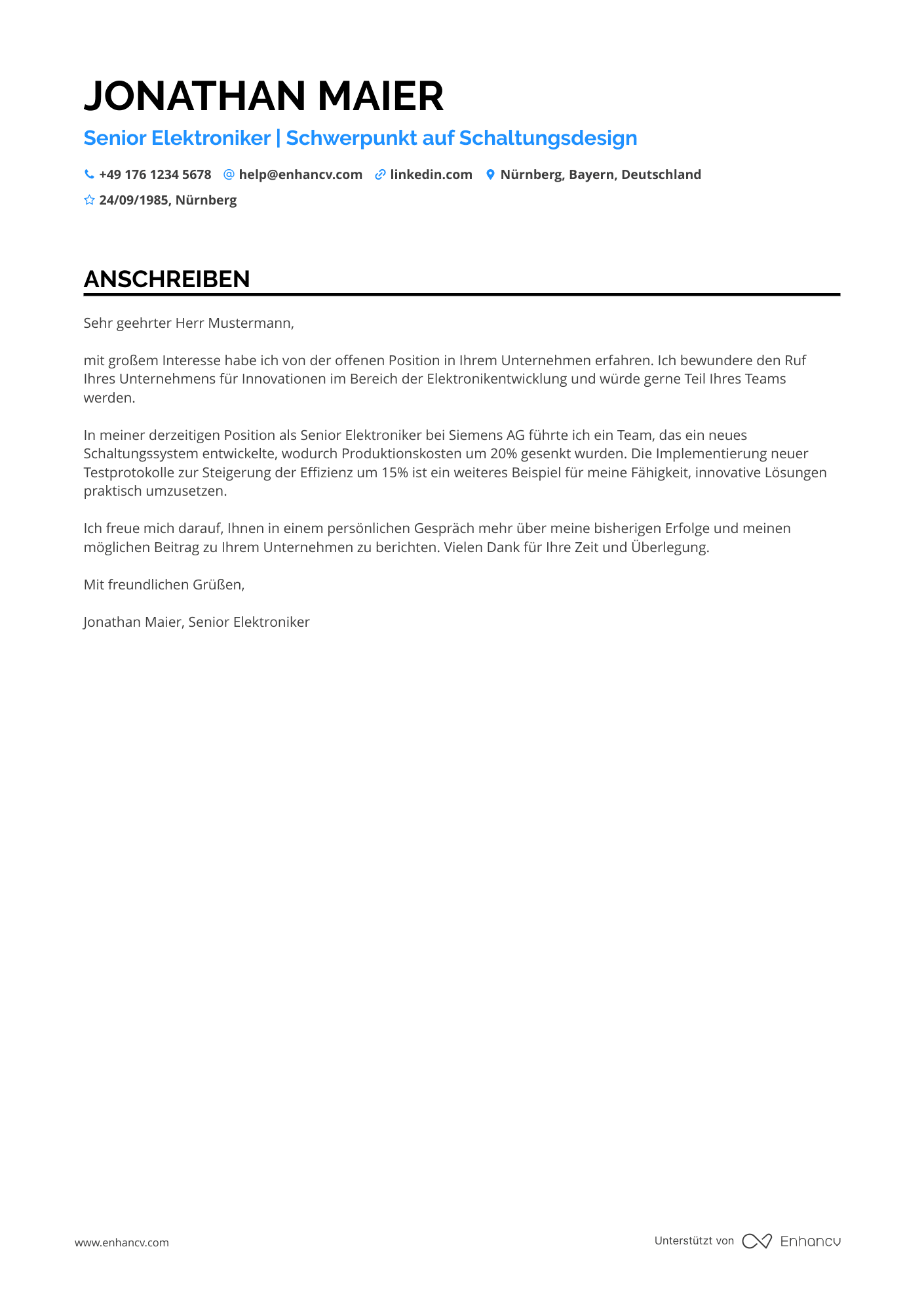 Senior Elektroniker Resume Example