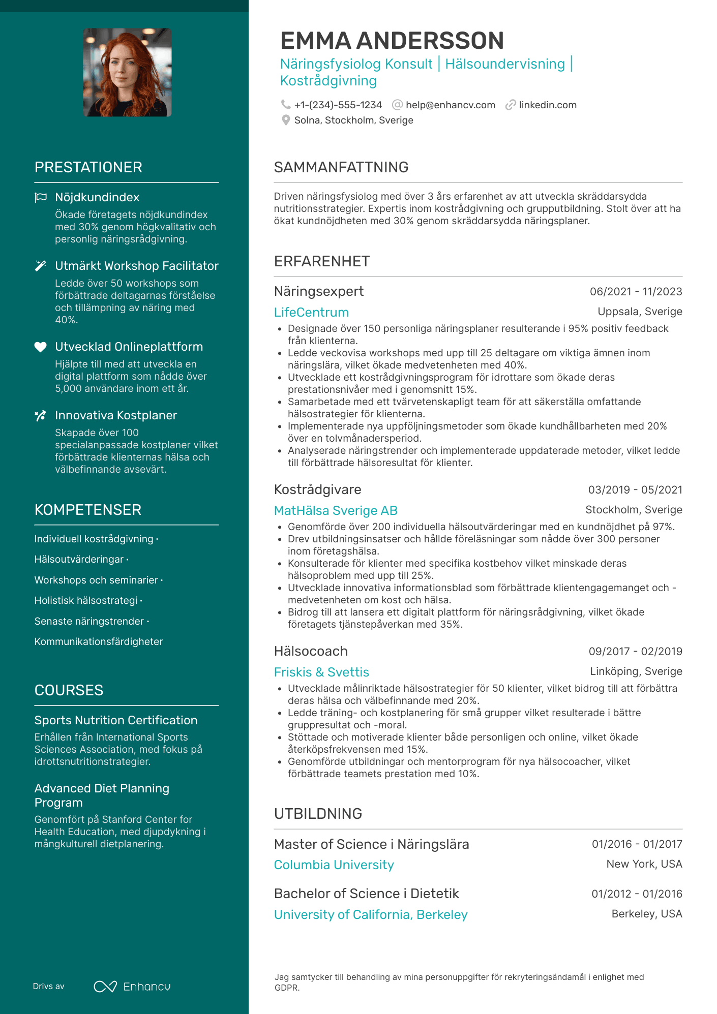 CV för Näringsfysiolog Konsult Resume Example