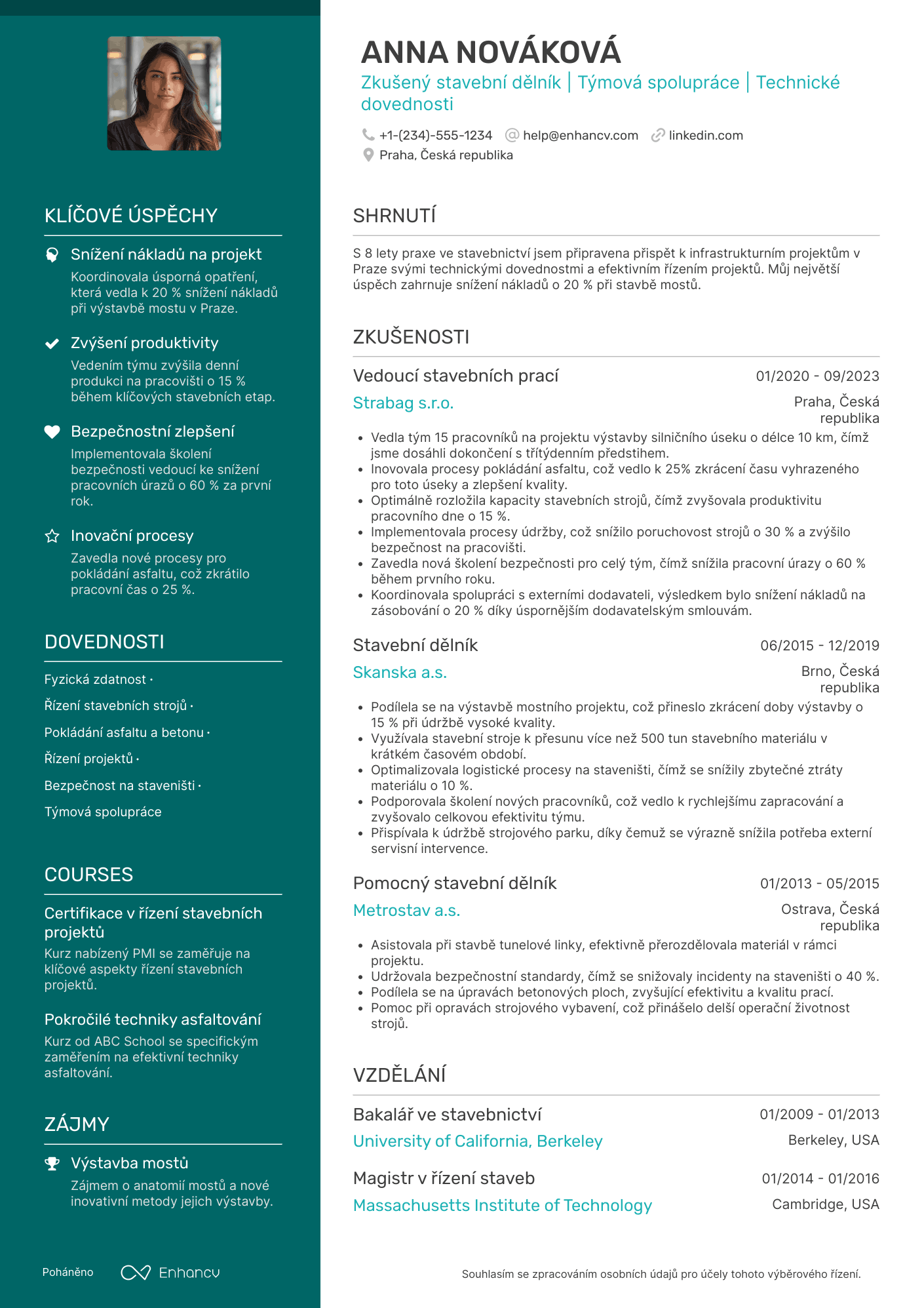 Životopis pro Stavební dělník v dopravním stavitelství Resume Example