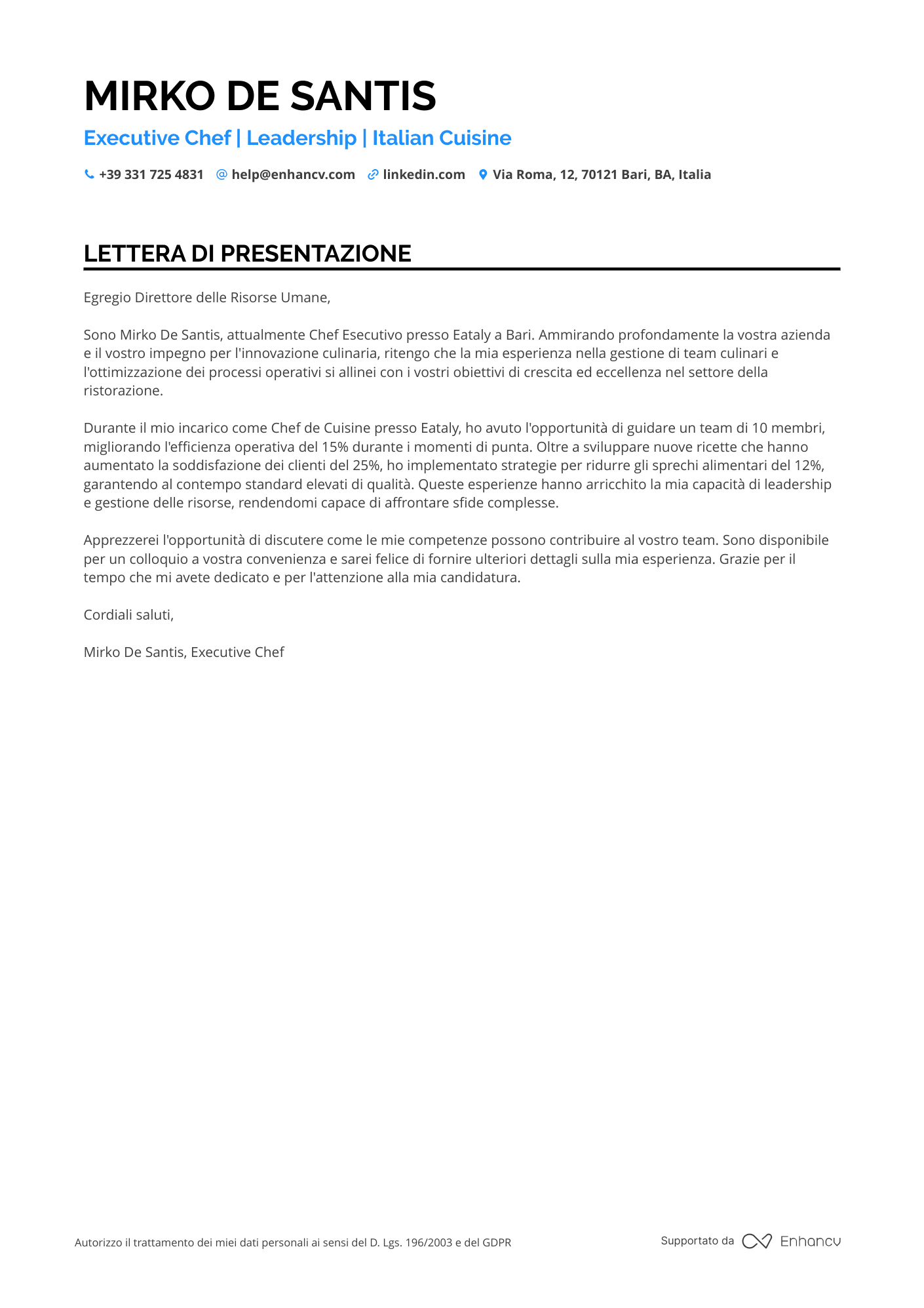 Cuoco di Cucina Internazionale Resume Example