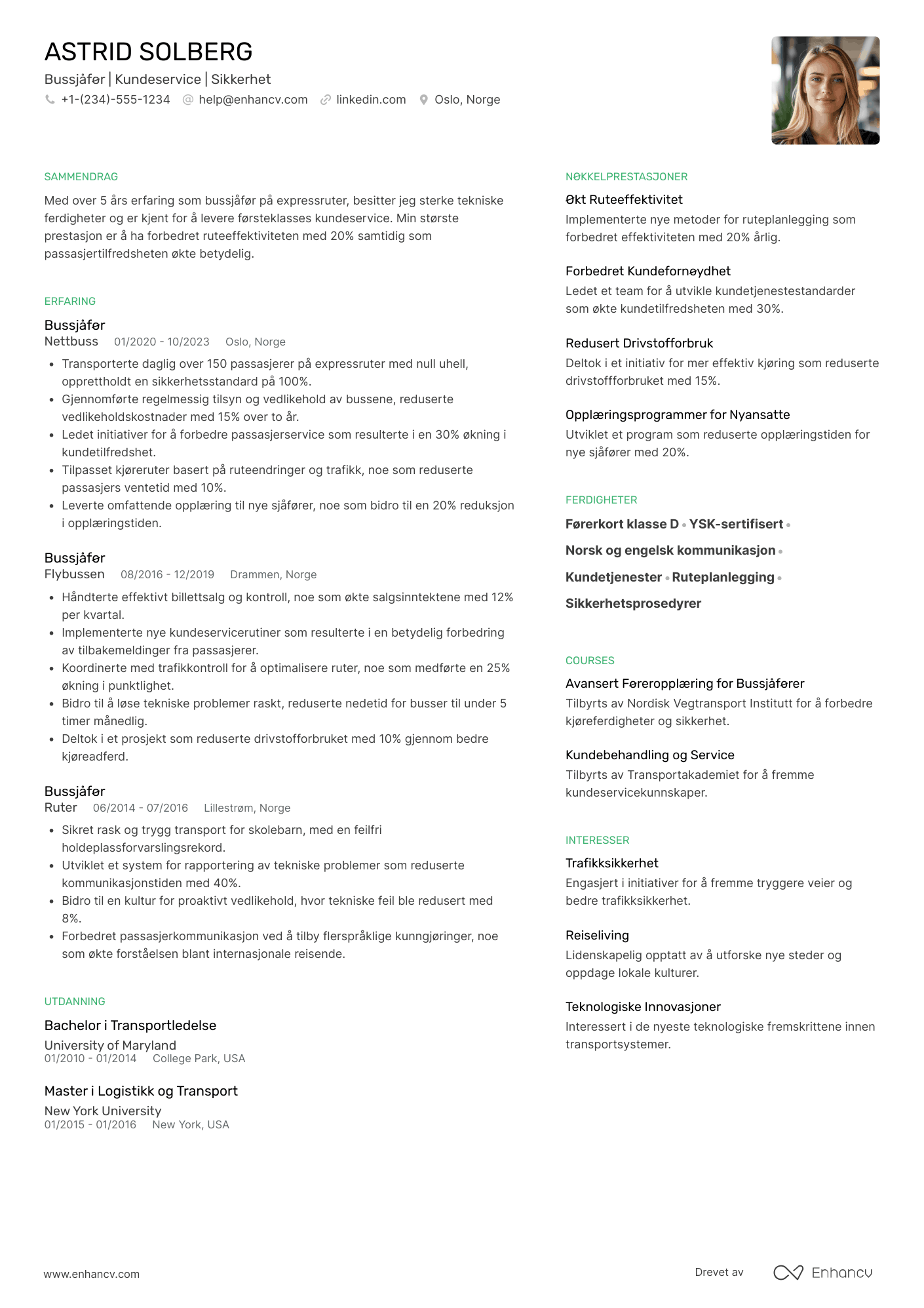 CV for Bussjåfør for expressruter Resume Example