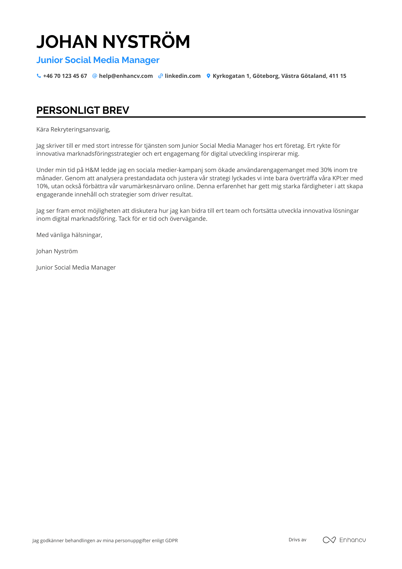 Personligt brev för Junior Social Media Manager Resume Example