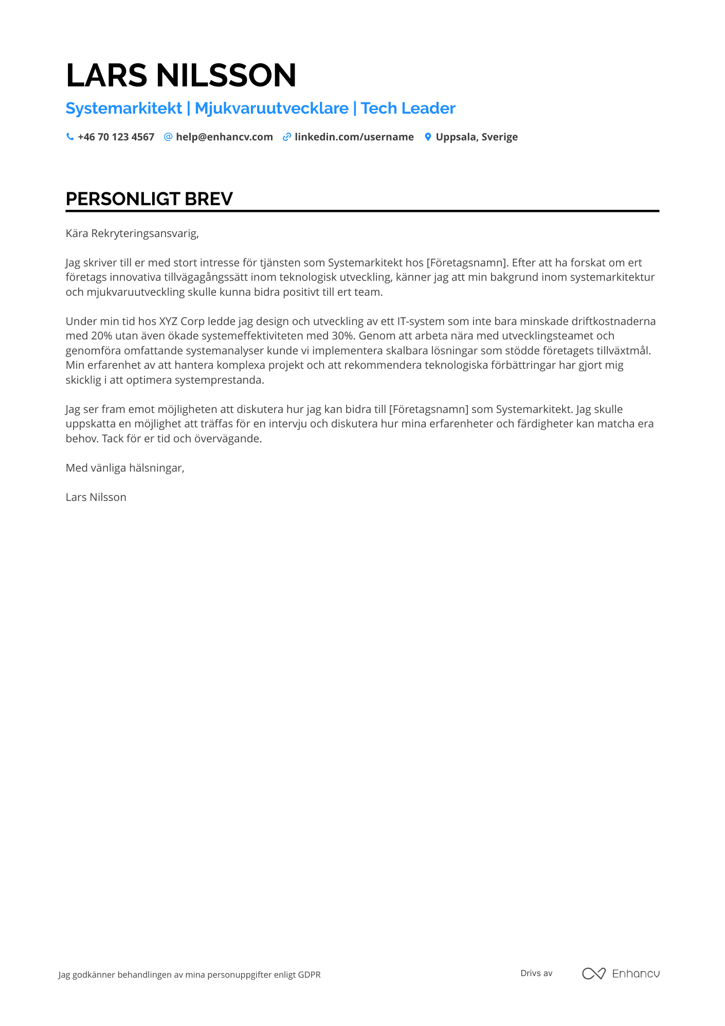 Personligt brev för Systemarkitekt Resume Example