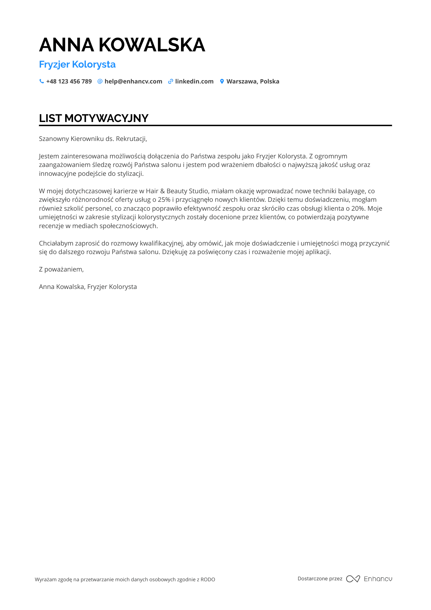 List motywacyjny dla Fryzjer Kolorysta Resume Example