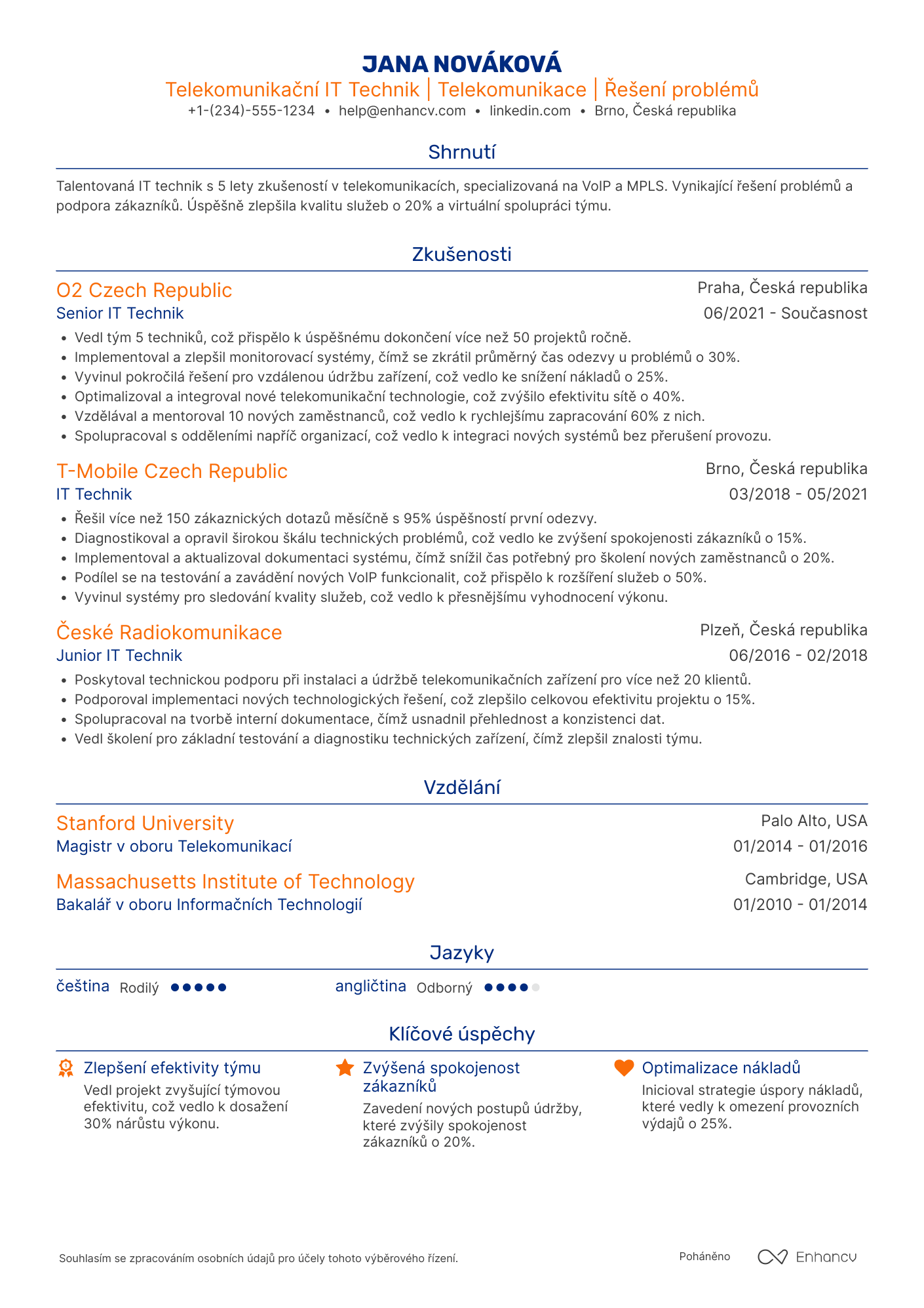 Životopis pro IT Technik Telekommunikation Resume Example