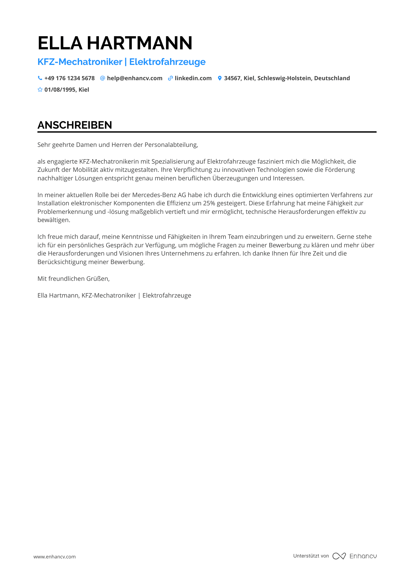 KFZ Mechatroniker für Elektrofahrzeuge Resume Example