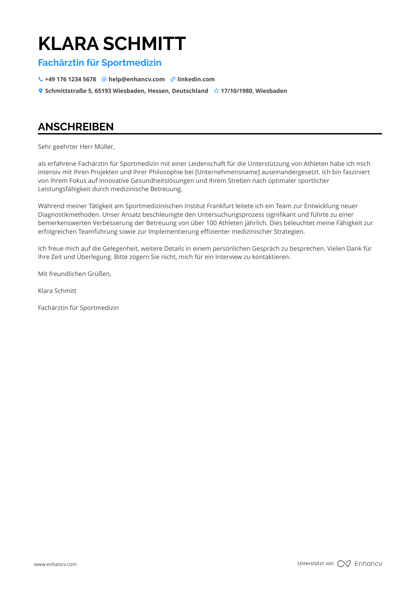 Arzt in der Sportmedizin Resume Example