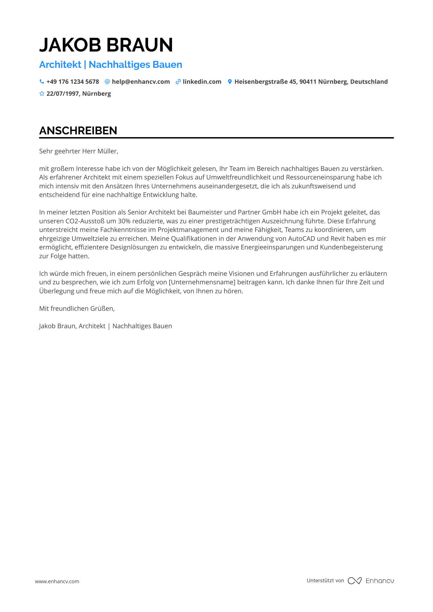 Architekt mit Erfahrung in nachhaltigem Bauen Resume Example