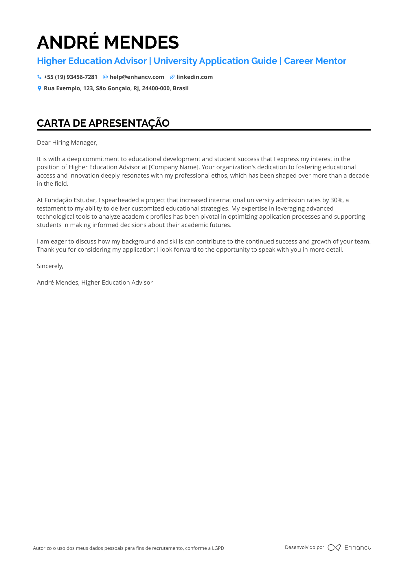 Secretária Escolar de Ensino Superior Resume Example